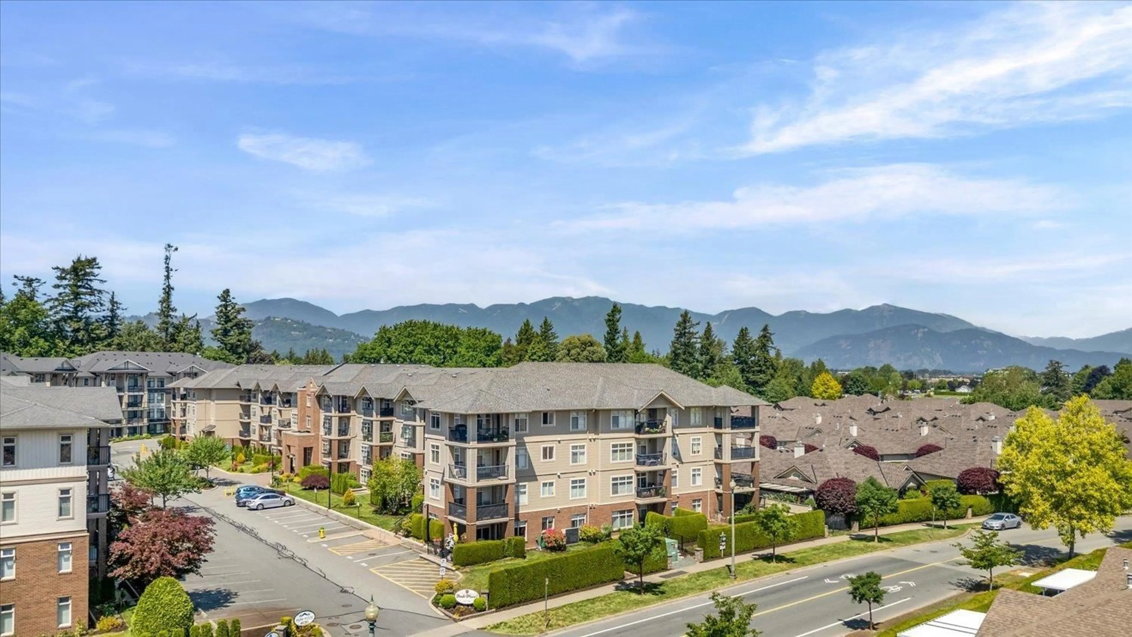 A pic from outside/outdoor area/front of a property/back of a property/a pic from drone, mountain view for 120 - 45769 STEVENSON ROAD, Chilliwack British Columbia V2R5Z2