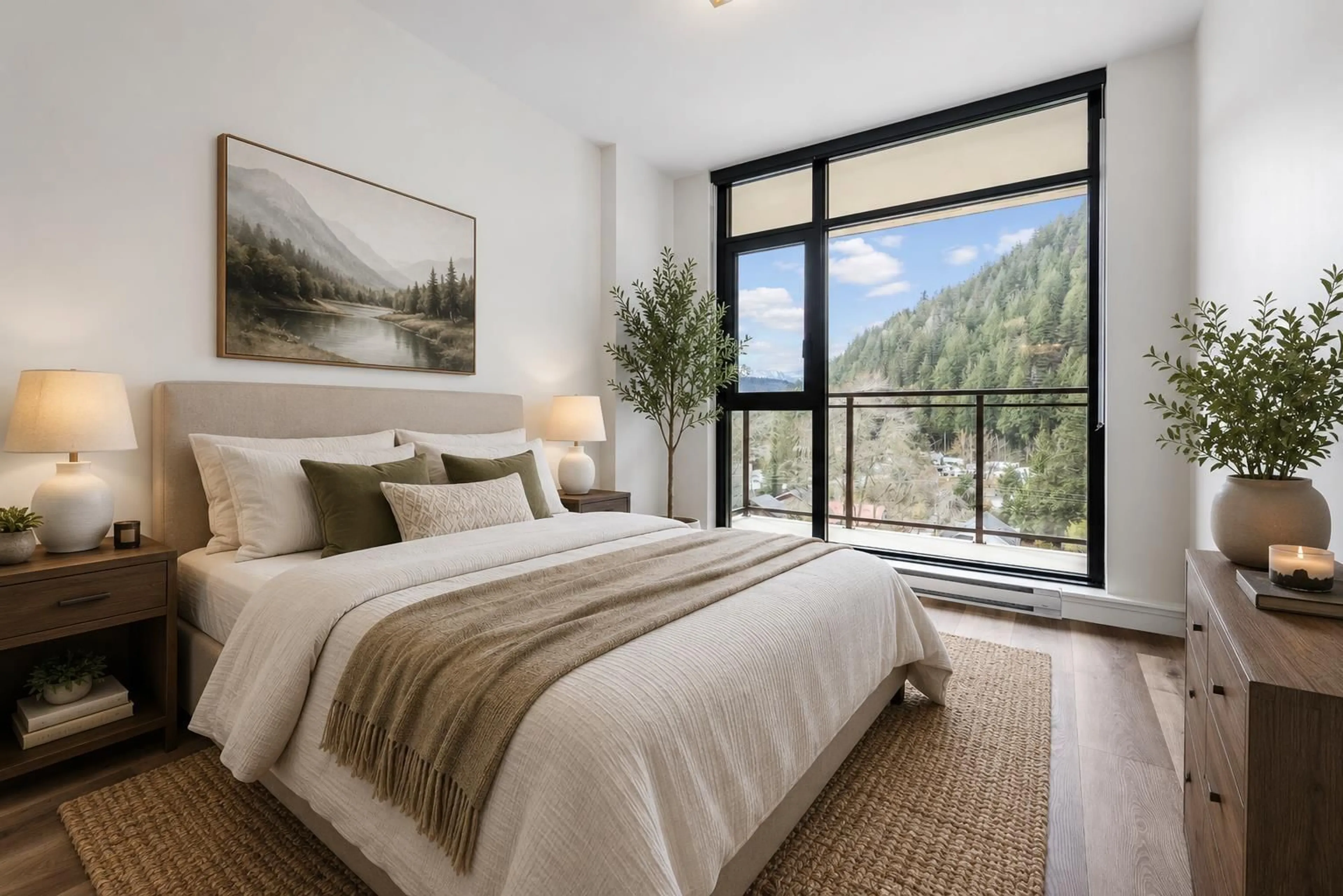 Bedroom with bed, carpet floor for 702 - 120 ESPLANADE AVENUE, Harrison Hot Springs British Columbia V0M1K0