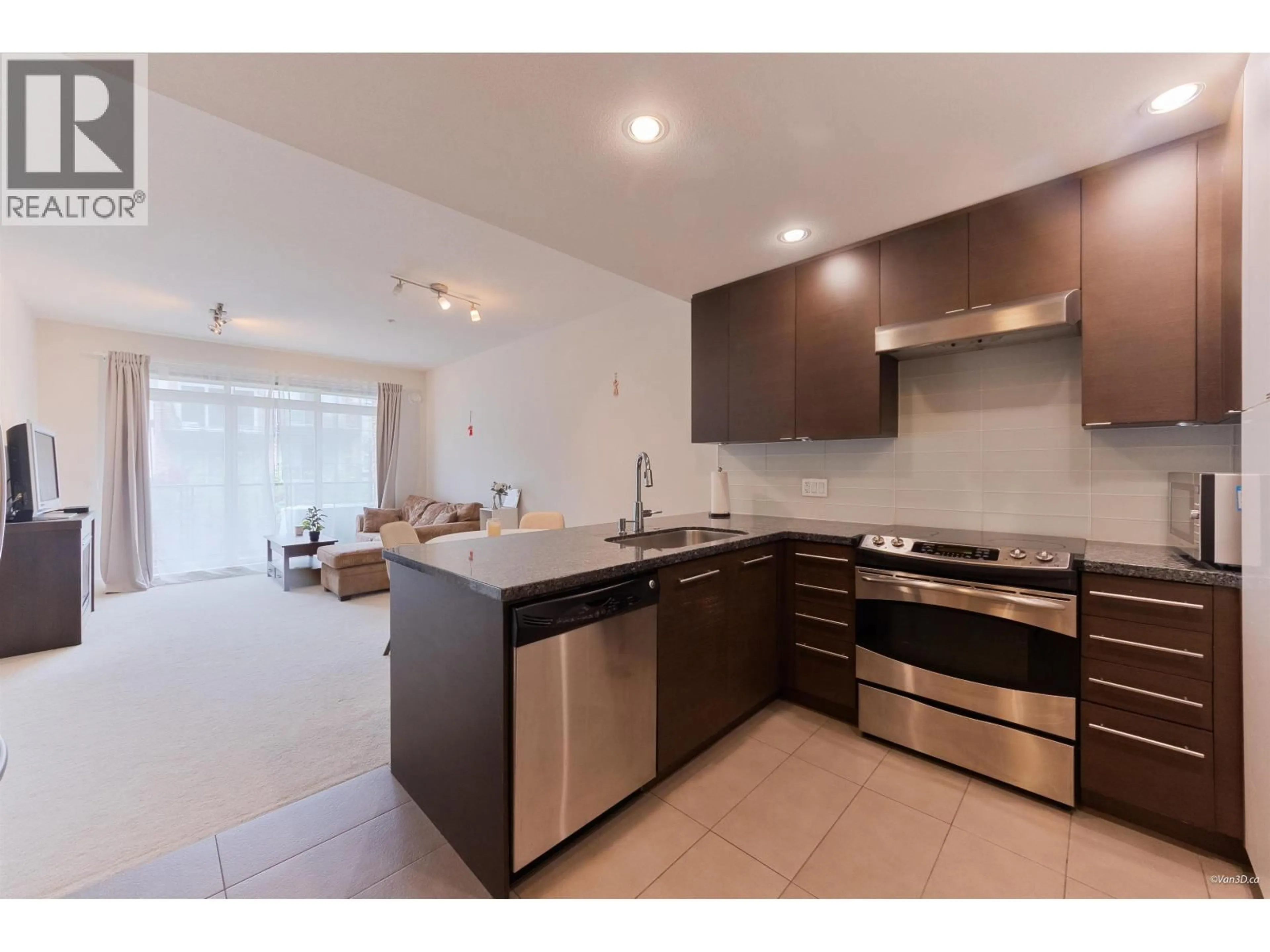 Open concept kitchen, ceramic/tile floor for 322 - 5928 BIRNEY AVENUE, Vancouver British Columbia V6S0B5