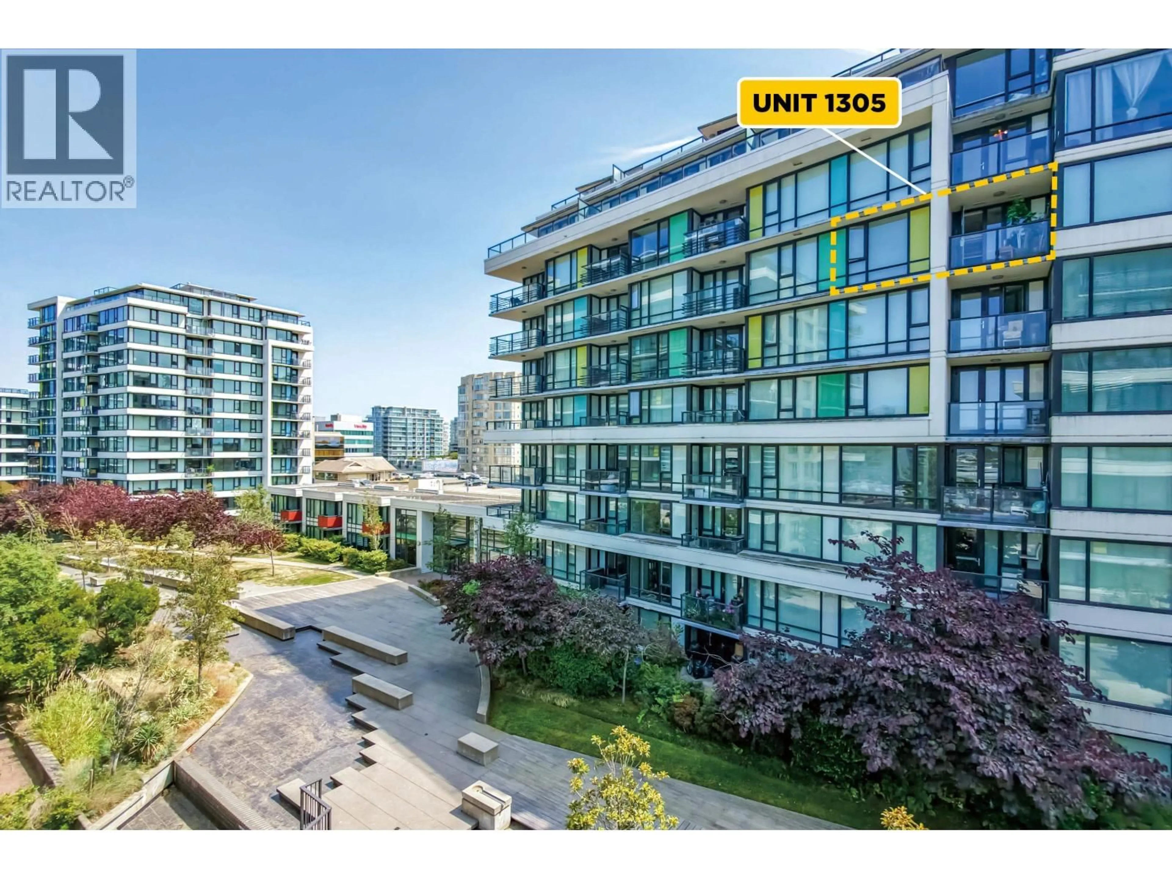 A pic from outside/outdoor area/front of a property/back of a property/a pic from drone, city buildings view from balcony for 1305 - 7733 FIRBRIDGE WAY, Richmond British Columbia V6X0M7