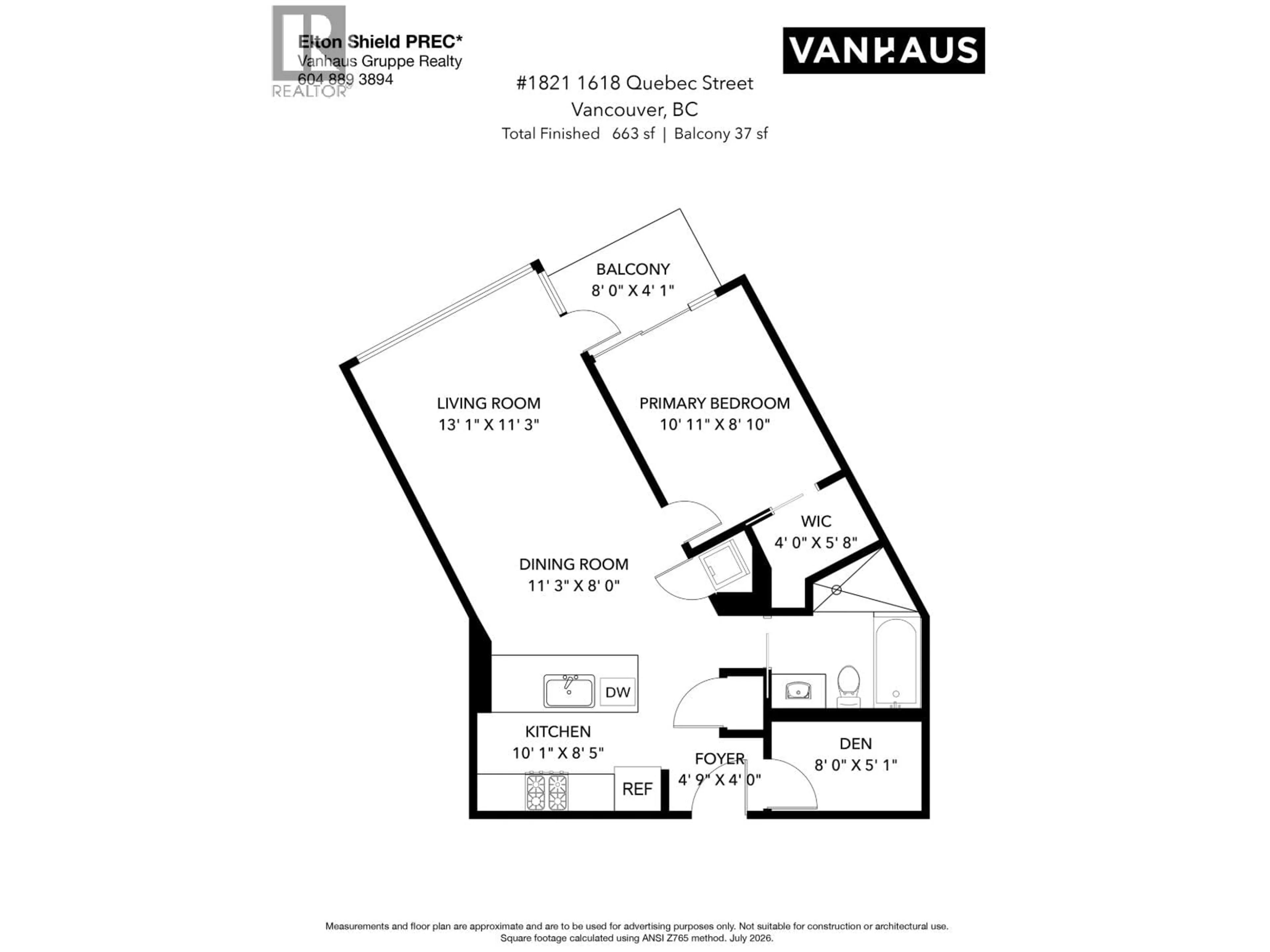 Floor plan for 1821 - 1618 QUEBEC STREET, Vancouver British Columbia V6A0C5