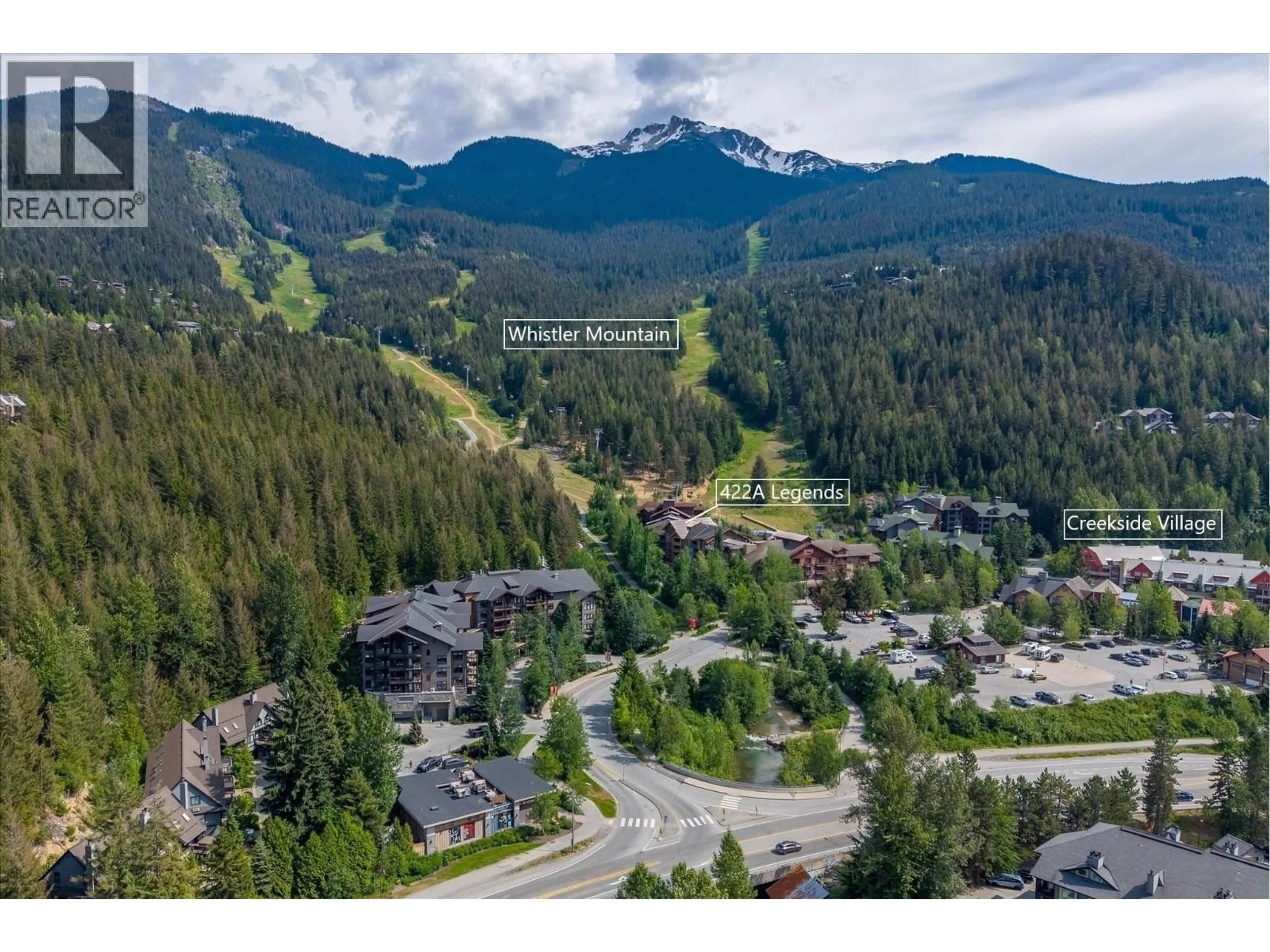 A pic from outside/outdoor area/front of a property/back of a property/a pic from drone, mountain view for 422 - 2036 LONDON LANE, Whistler British Columbia V8E0N7