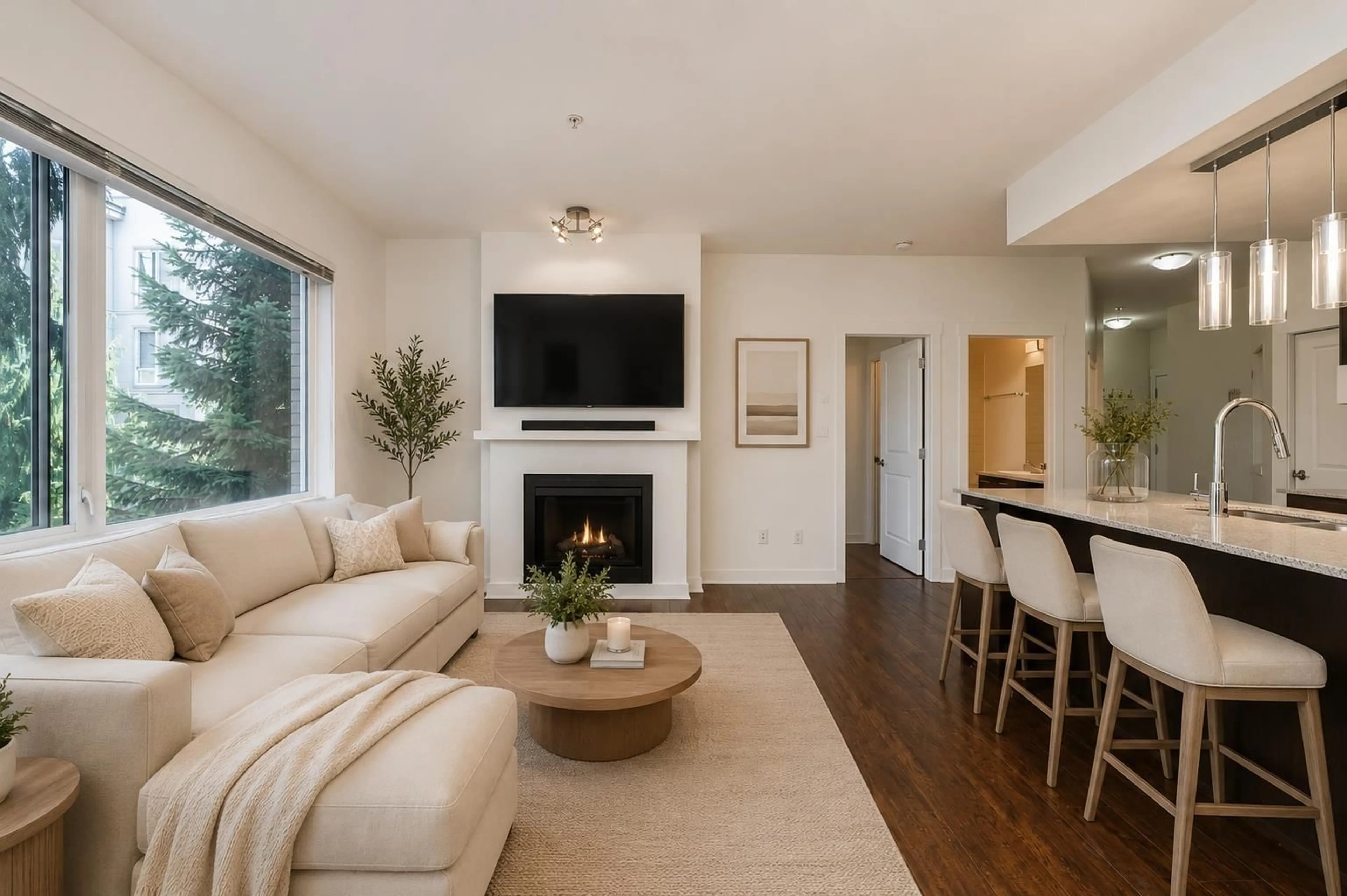 Living room with furniture, wood/laminate floor for 216 - 13339 102A AVENUE, Surrey British Columbia V3T0C5