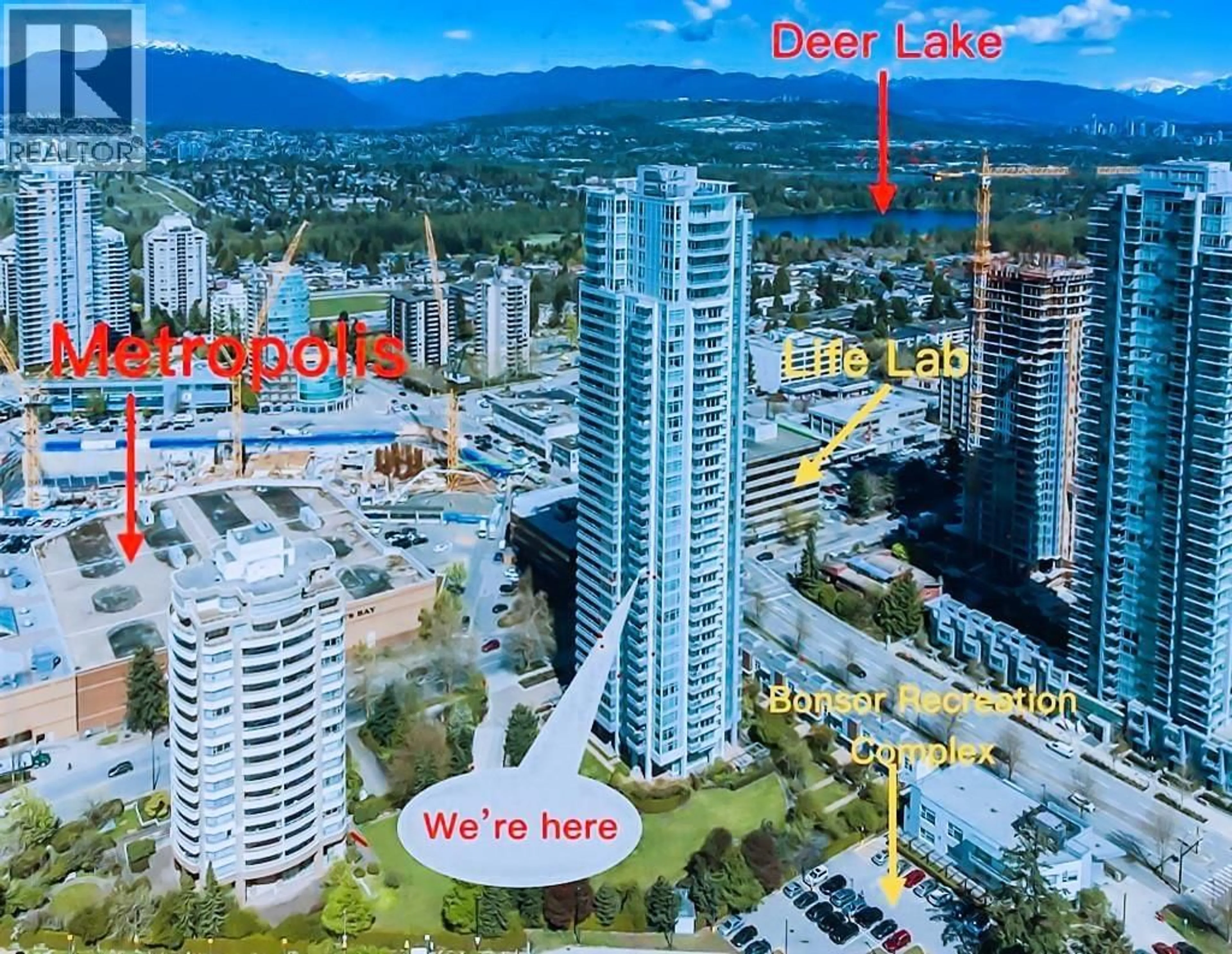 A pic from outside/outdoor area/front of a property/back of a property/a pic from drone, city buildings view from balcony for 2201 - 4880 BENNETT STREET, Burnaby British Columbia V5H0C1