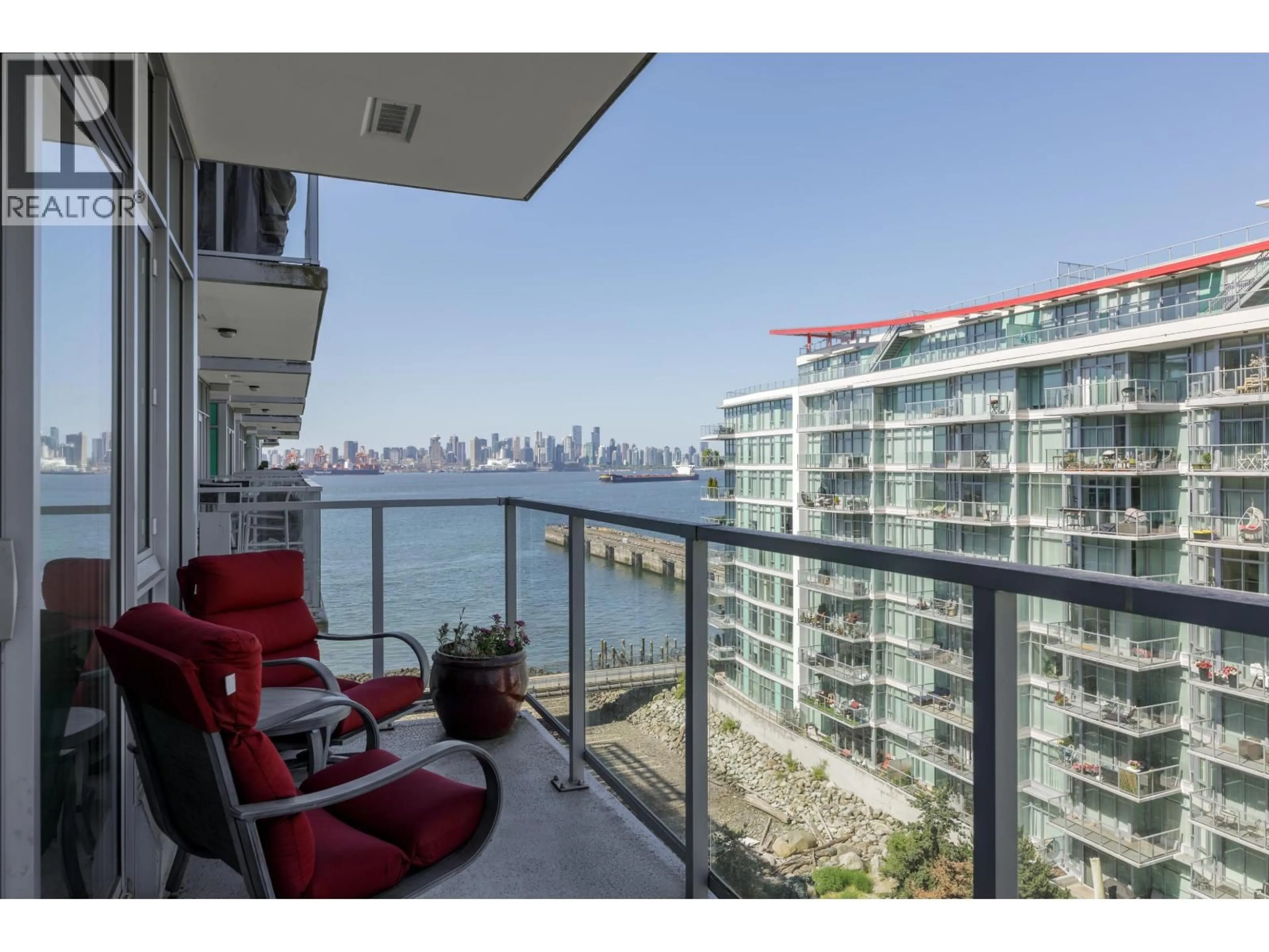 Balcony in the apartment, water/lake/river/ocean view for 708 - 185 VICTORY SHIP WAY, North Vancouver British Columbia V7L0G2