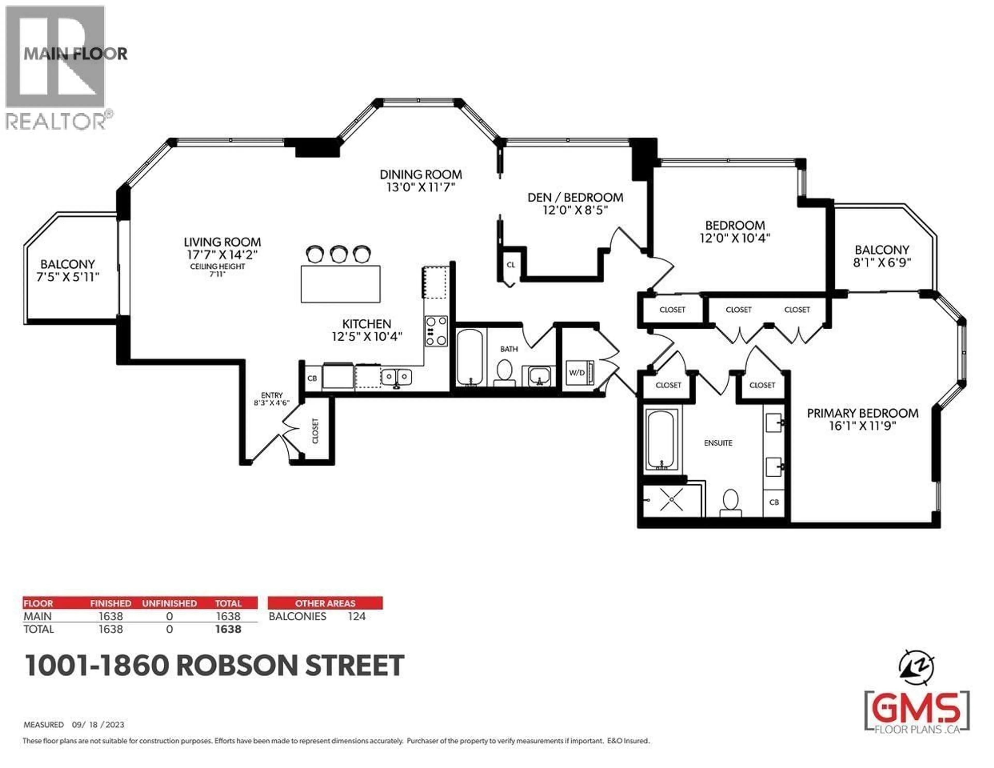 Floor plan for 1001 - 1860 ROBSON STREET, Vancouver British Columbia V6G3C1