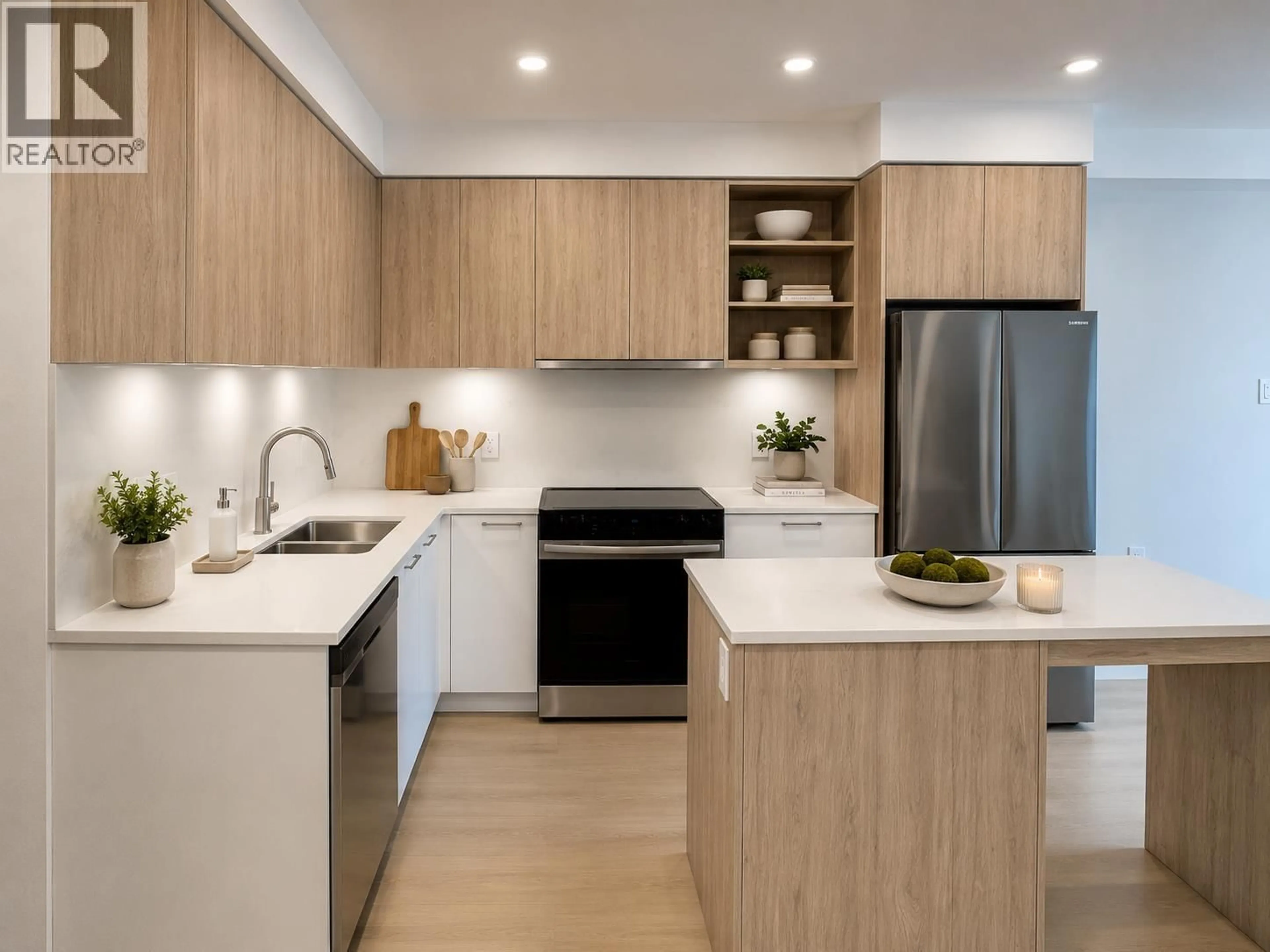 Contemporary kitchen, wood/laminate floor for 408 - 82 FIRST STREET, New Westminster British Columbia V3L0L8