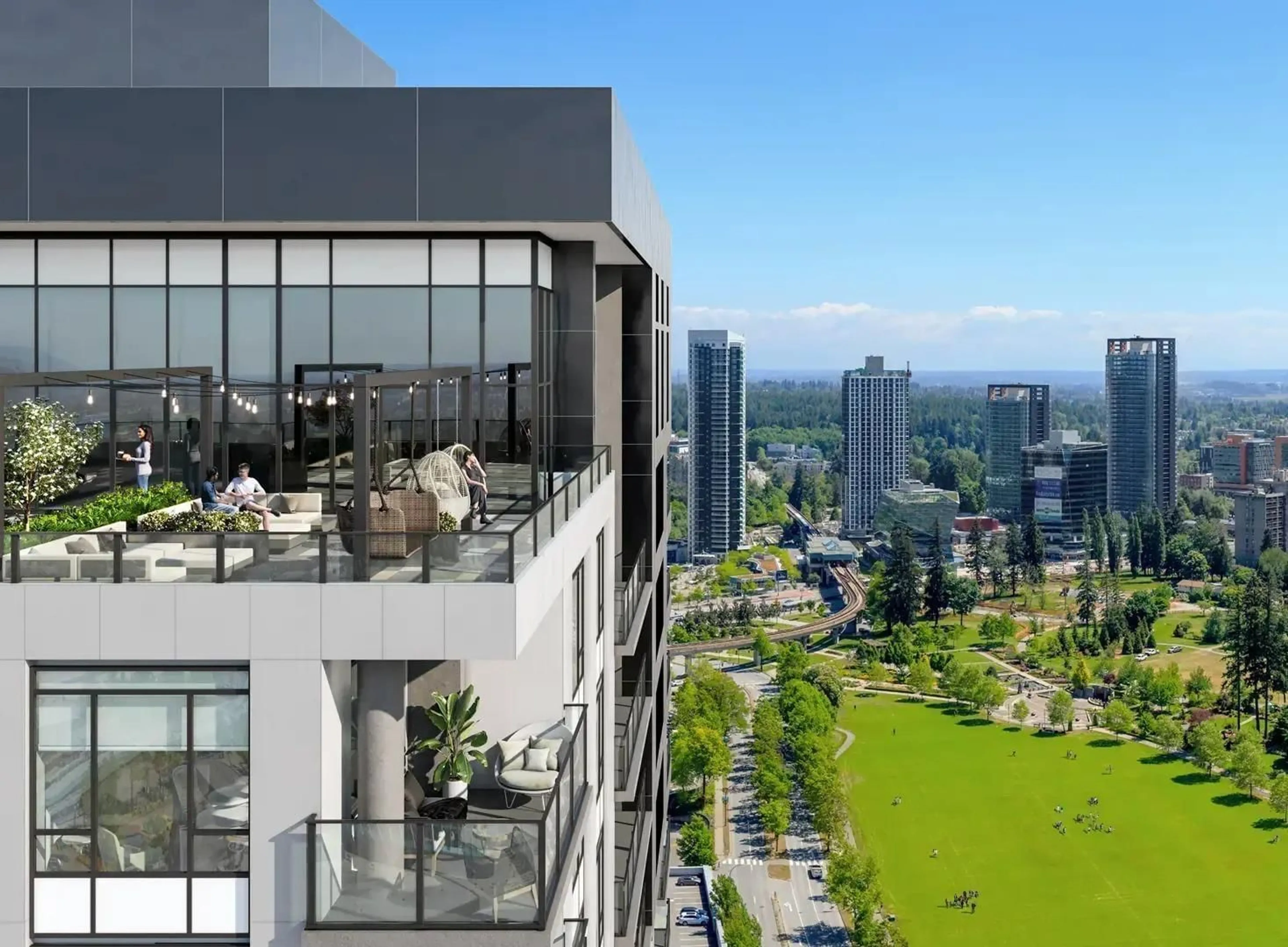 Patio, city buildings view from balcony for 905 - 13387 OLD YALE ROAD, Surrey British Columbia V3T0V6