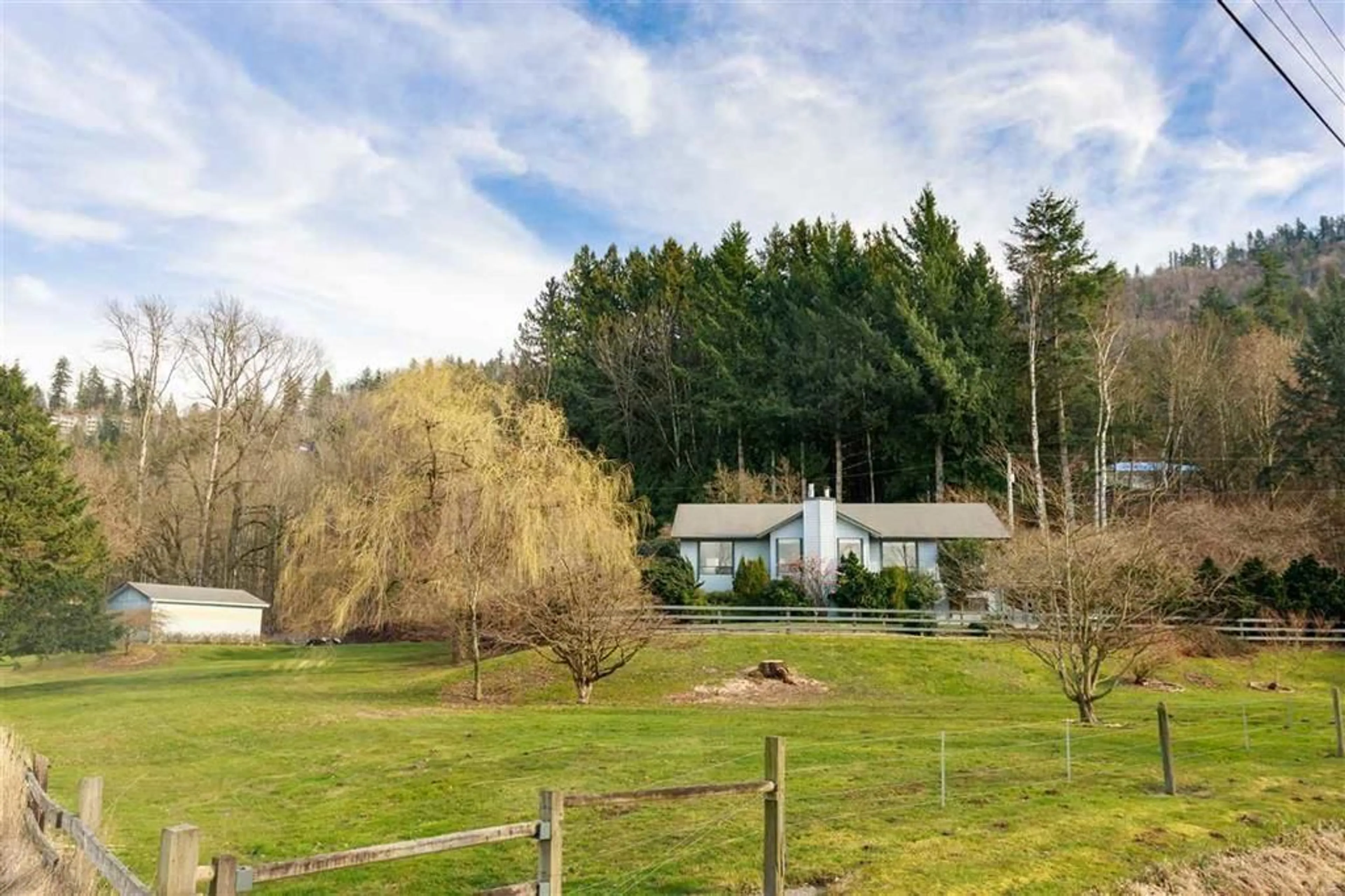 A pic from outside/outdoor area/front of a property/back of a property/a pic from drone, forest/trees view for 6190 BRADNER LANE, Chilliwack British Columbia V2R5M7