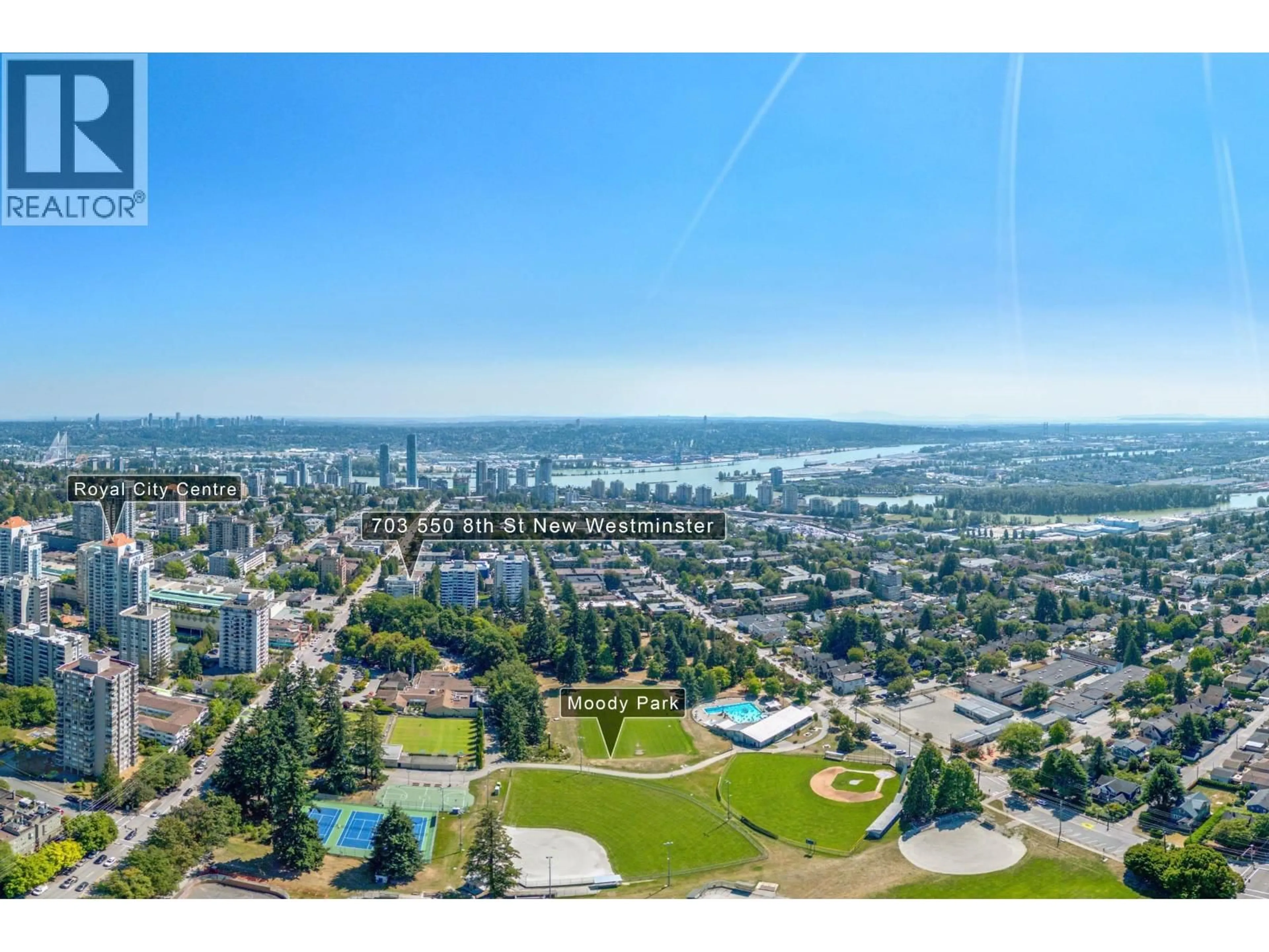 A pic from outside/outdoor area/front of a property/back of a property/a pic from drone, water/lake/river/ocean view for 703 - 550 EIGHTH STREET, New Westminster British Columbia V3M3R9