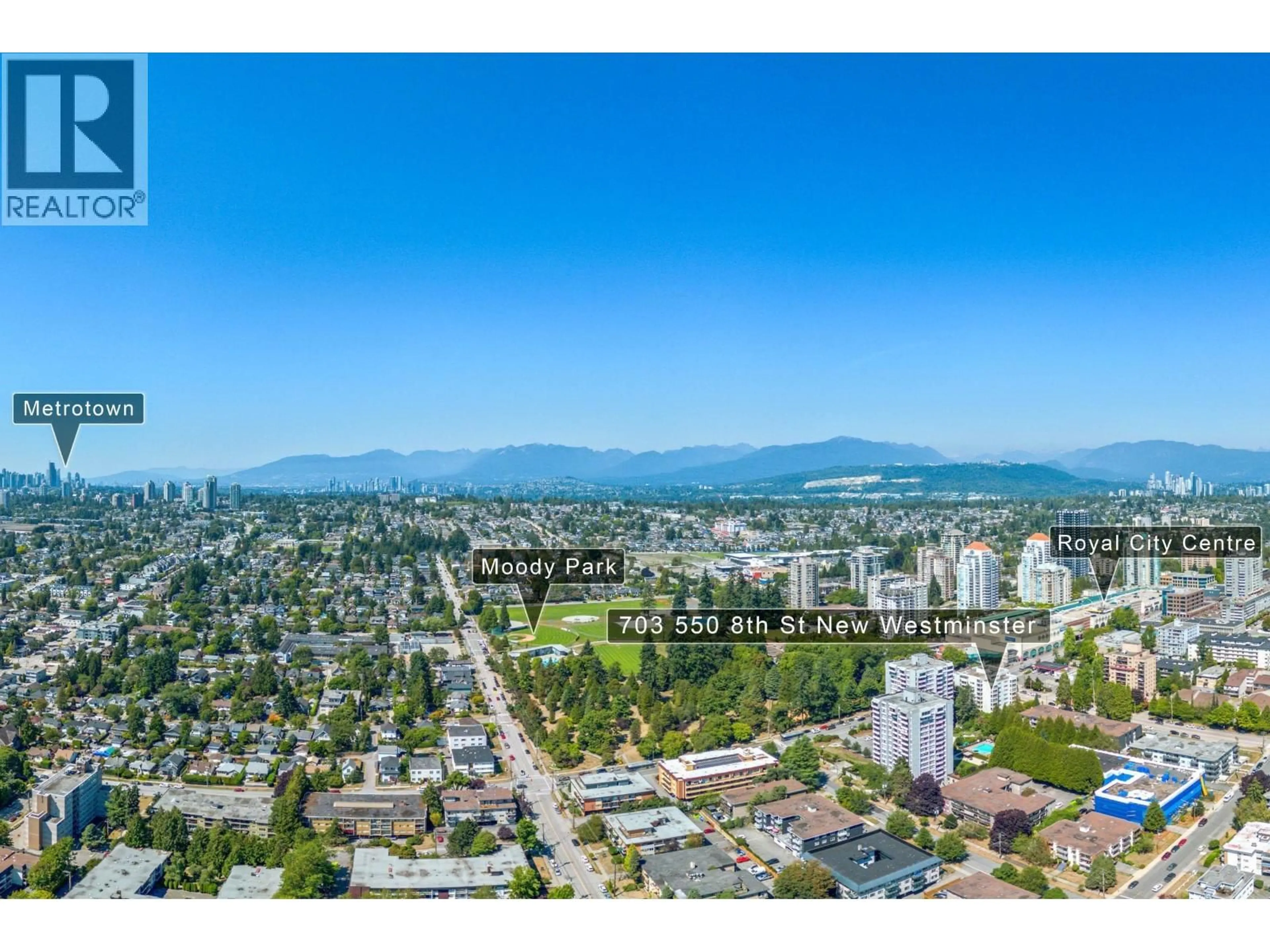 A pic from outside/outdoor area/front of a property/back of a property/a pic from drone, mountain view for 703 - 550 EIGHTH STREET, New Westminster British Columbia V3M3R9