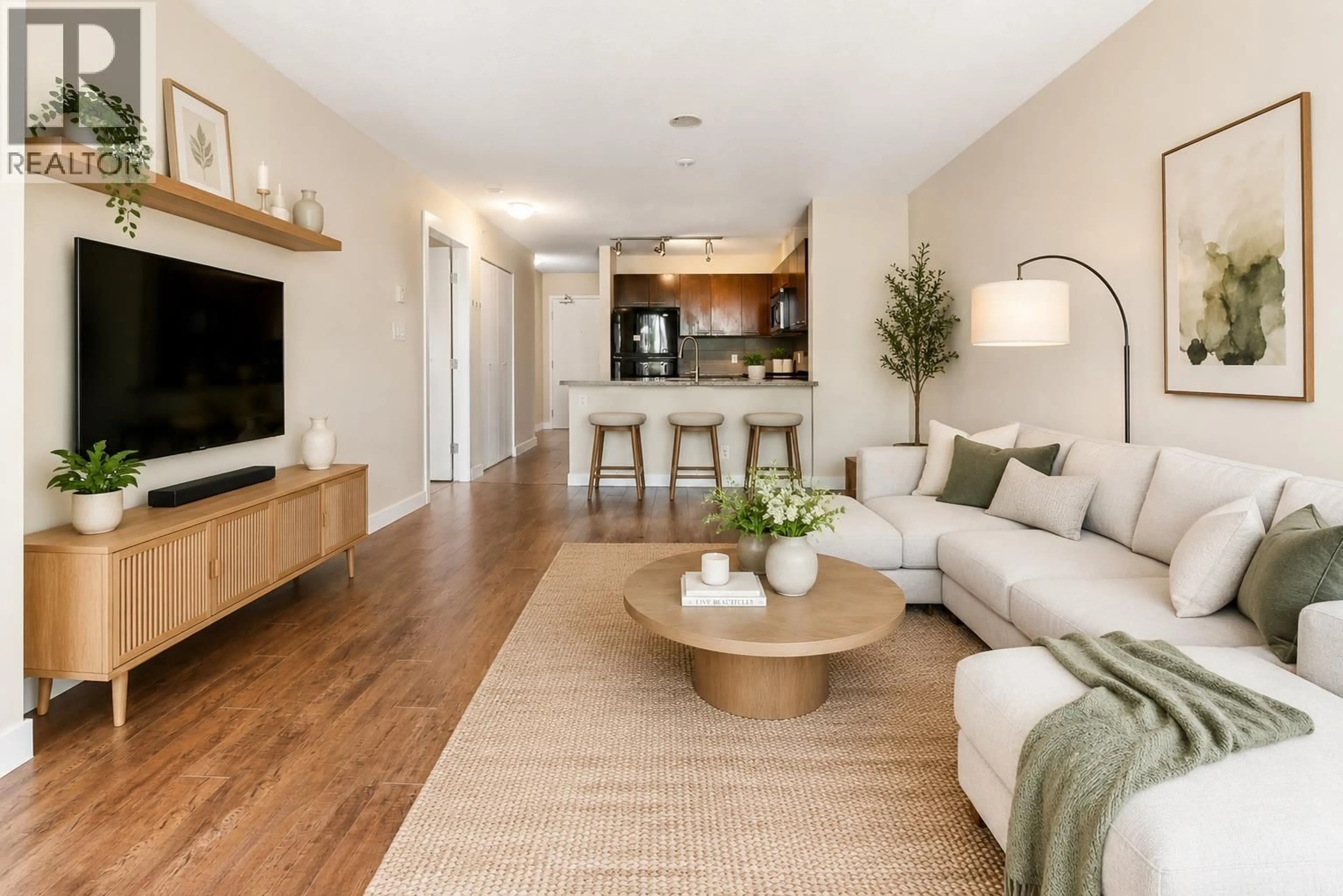 Living room with furniture, wood/laminate floor for 307 - 9171 FERNDALE ROAD, Richmond British Columbia V6Y0A5