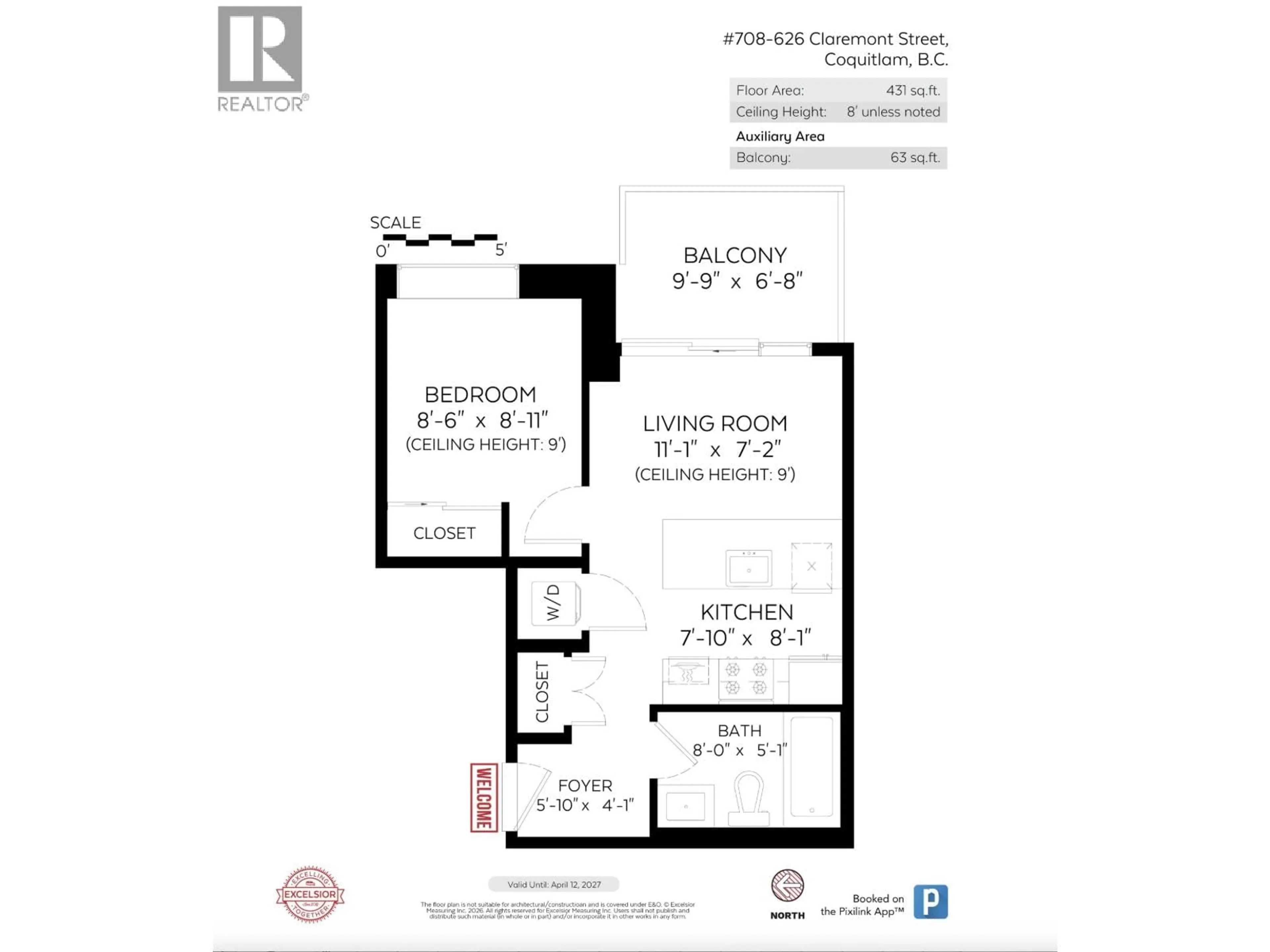 Floor plan for 708 - 626 CLAREMONT STREET, Coquitlam British Columbia V3J0T1
