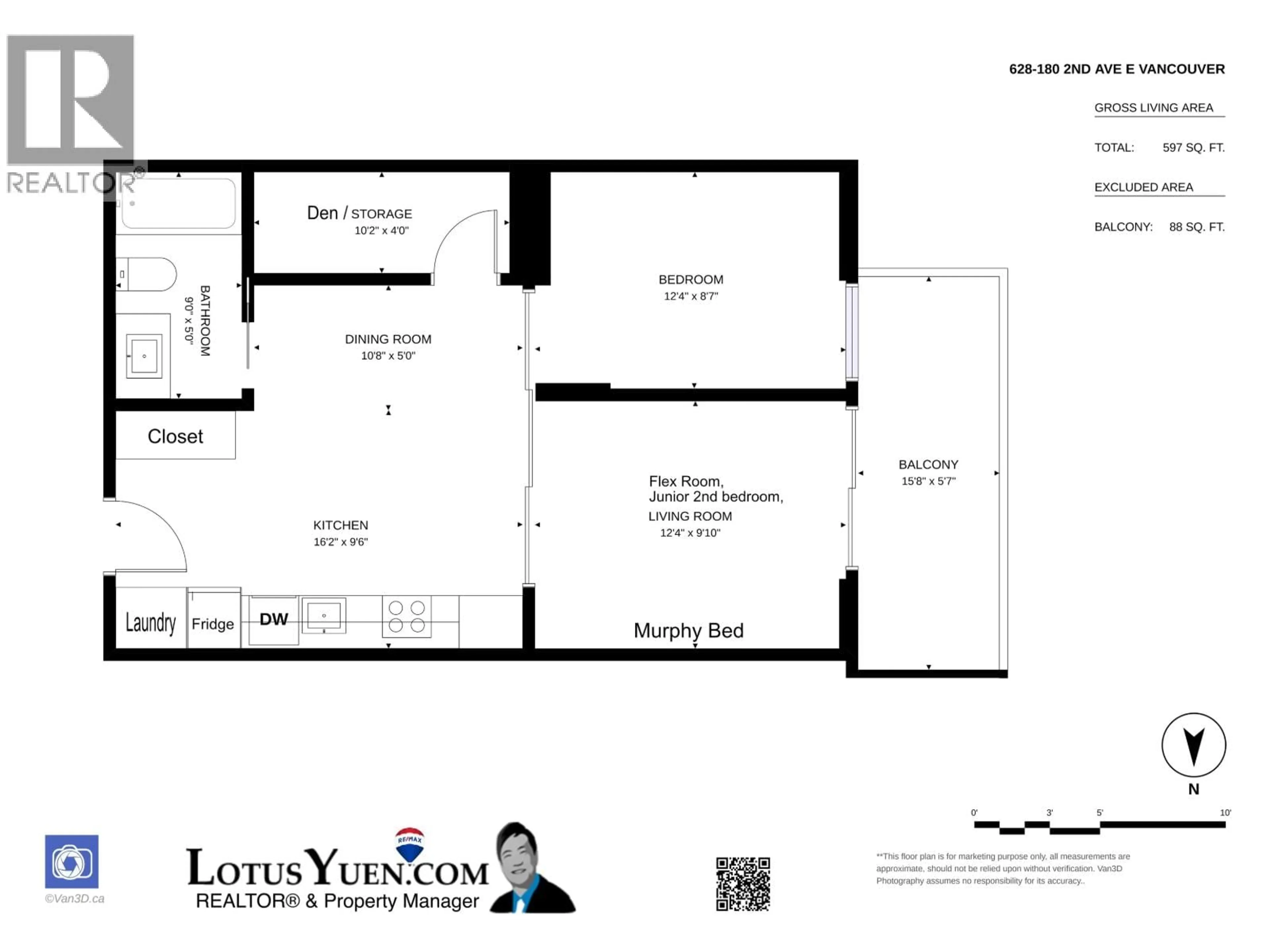 Floor plan for 628 - 180 2ND AVENUE, Vancouver British Columbia V5T0K4