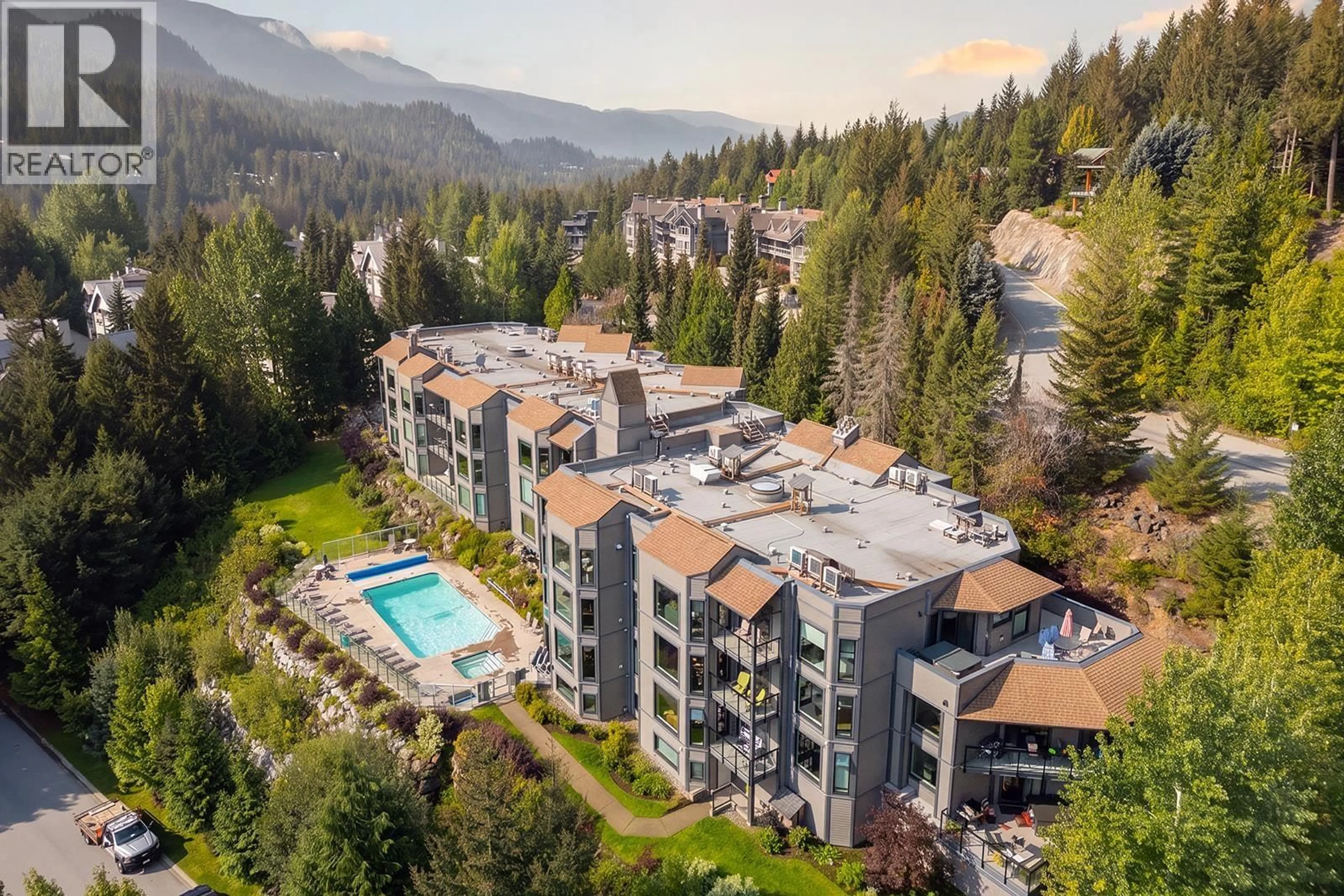A pic from outside/outdoor area/front of a property/back of a property/a pic from drone, mountain view for 203 - 3217 BLUEBERRY DRIVE, Whistler British Columbia V8E0B8