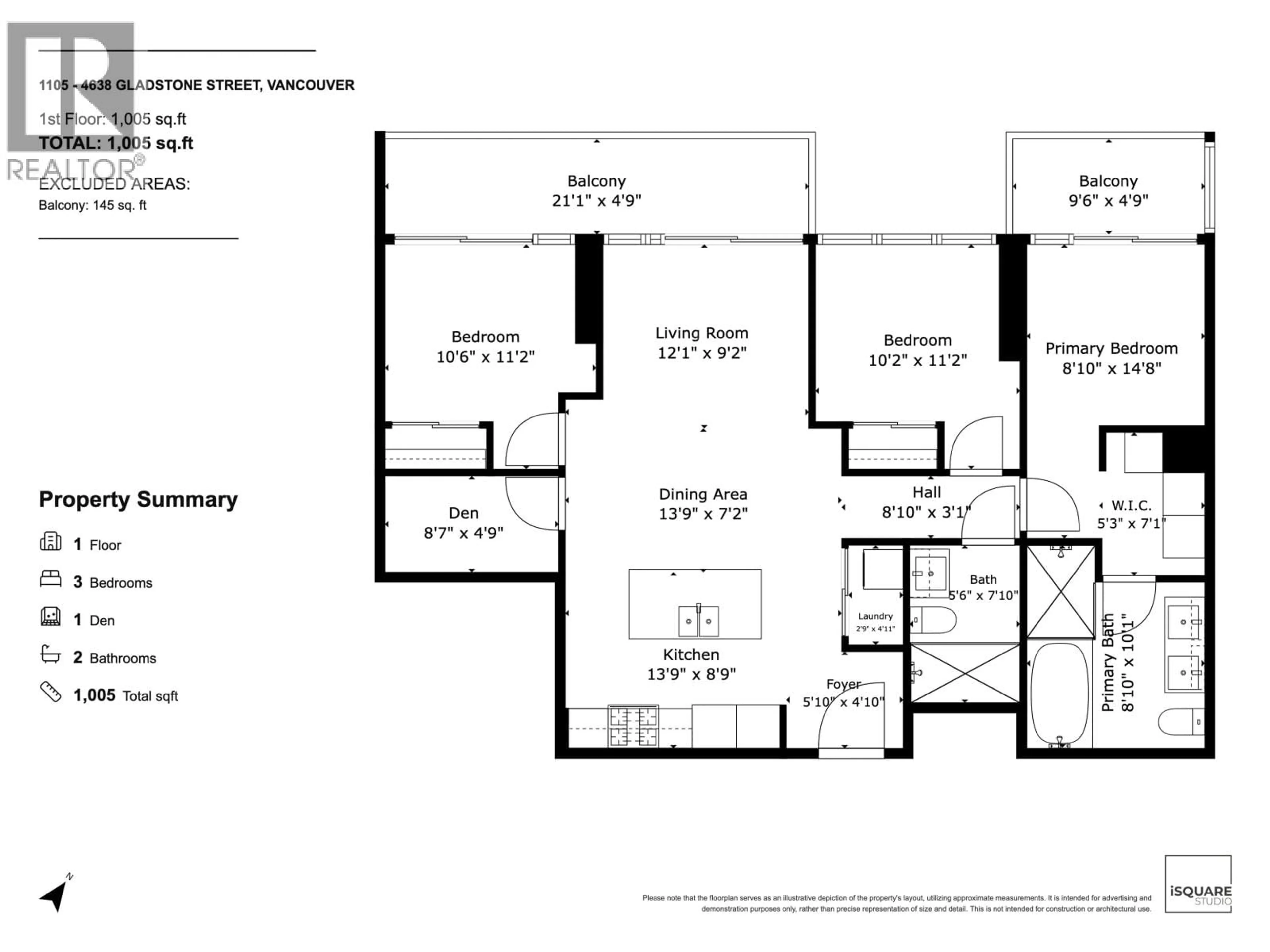 Floor plan for 1105 - 4638 GLADSTONE STREET, Vancouver British Columbia V5N0G5