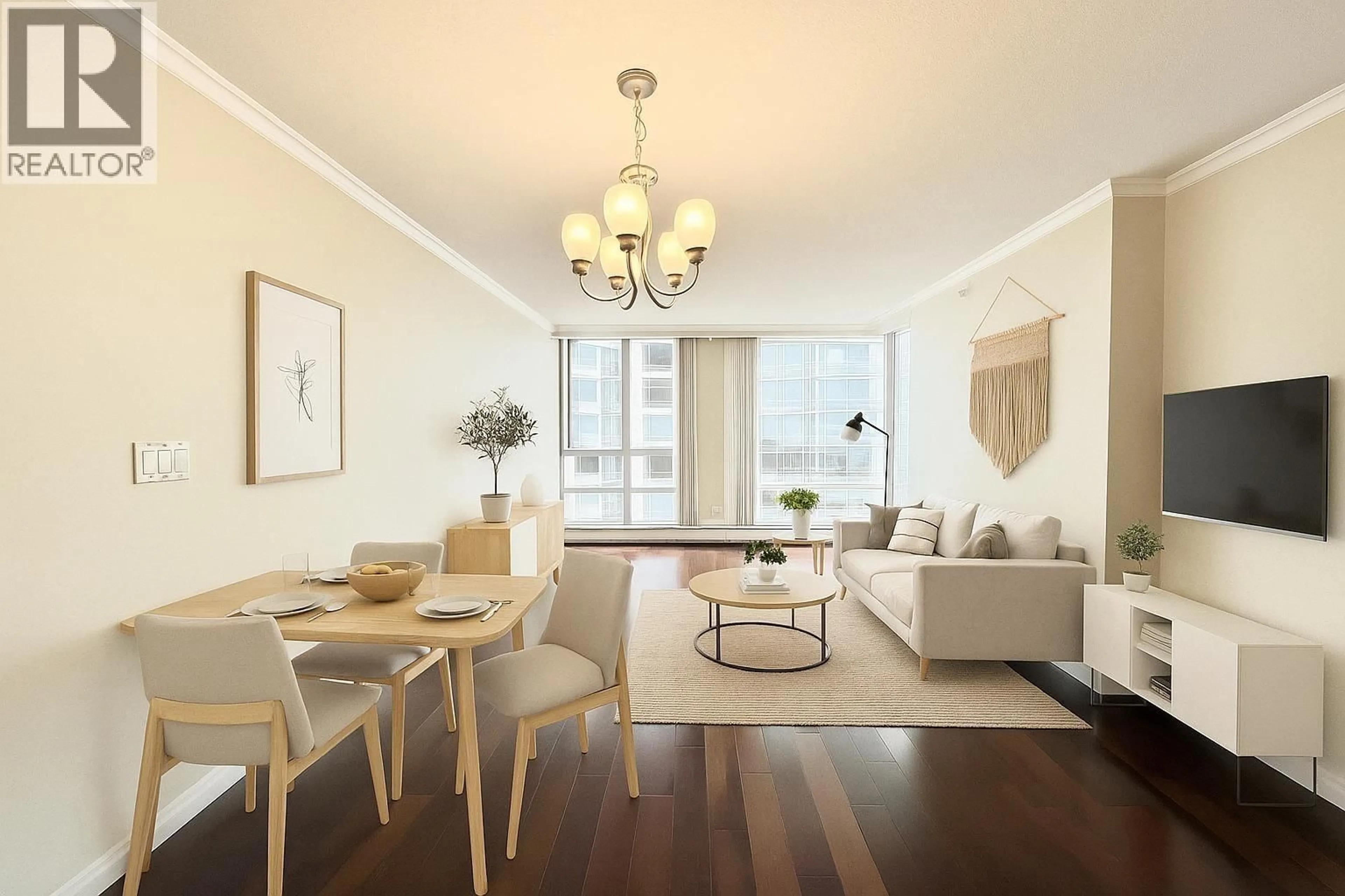 Living room with furniture, wood/laminate floor for 1002 - 1201 MARINASIDE CRESCENT, Vancouver British Columbia V6Z2V2