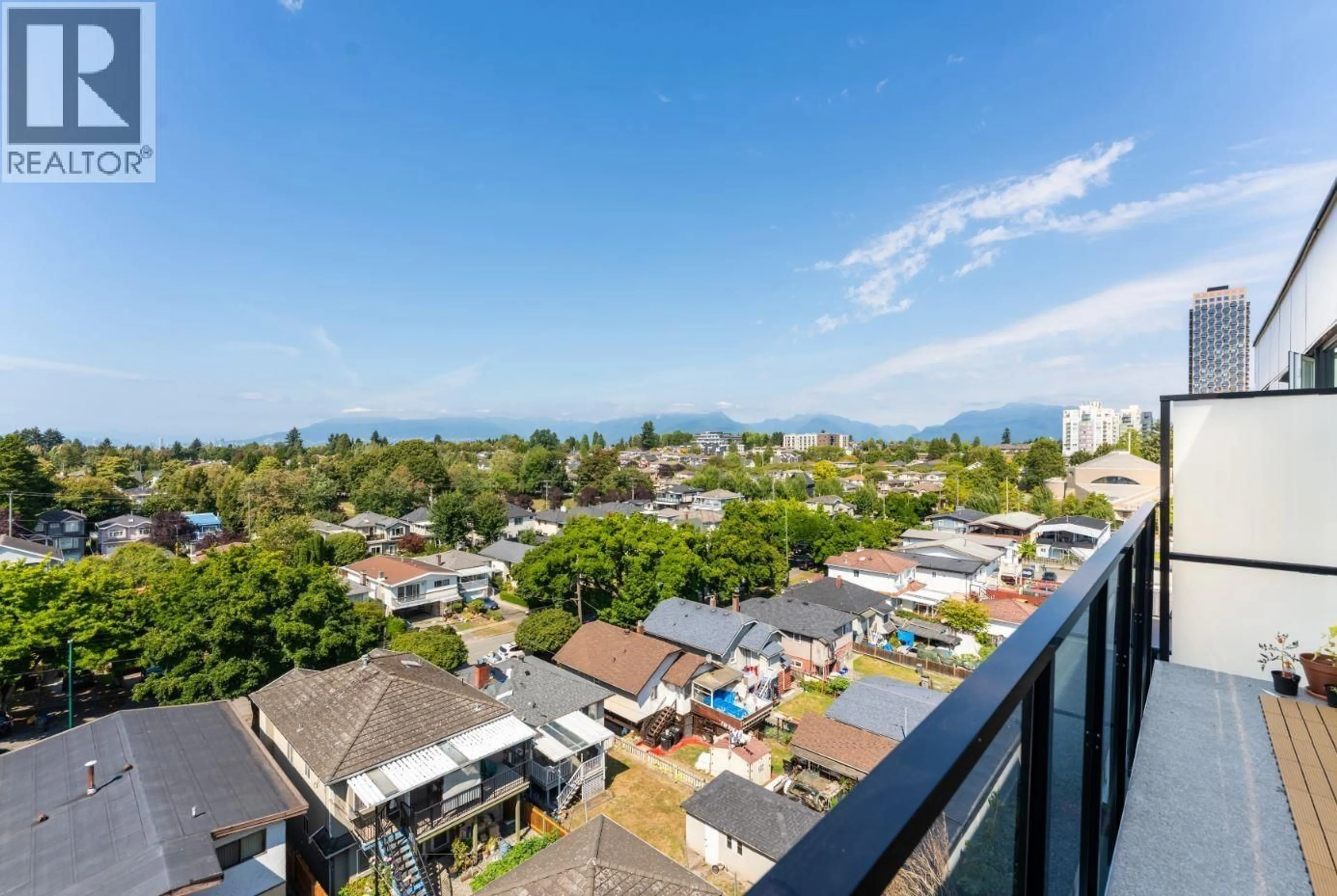 A pic from outside/outdoor area/front of a property/back of a property/a pic from drone, city buildings view from balcony for 606 - 5399 JOYCE STREET, Vancouver British Columbia V5R4H3