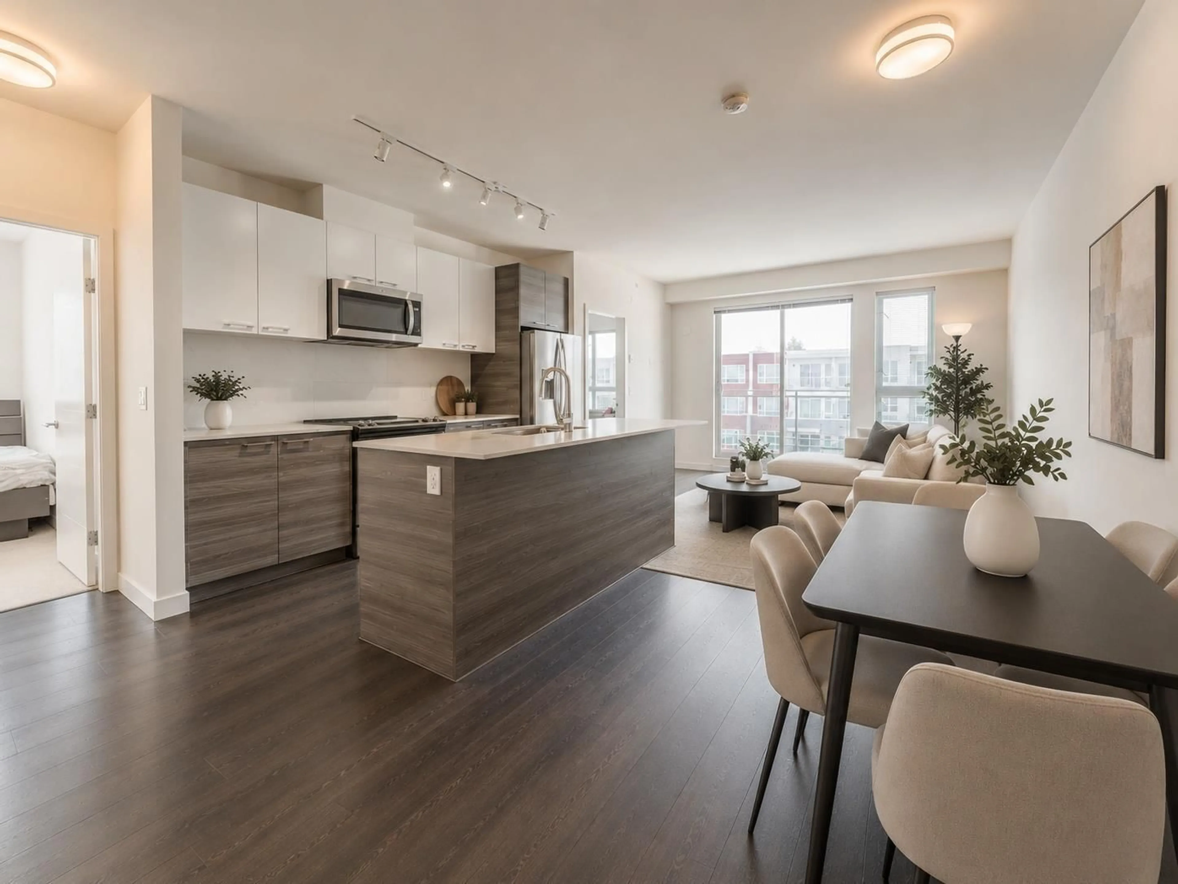 Open concept kitchen, wood/laminate floor for 610 - 10603 140 STREET, Surrey British Columbia V3T0M8