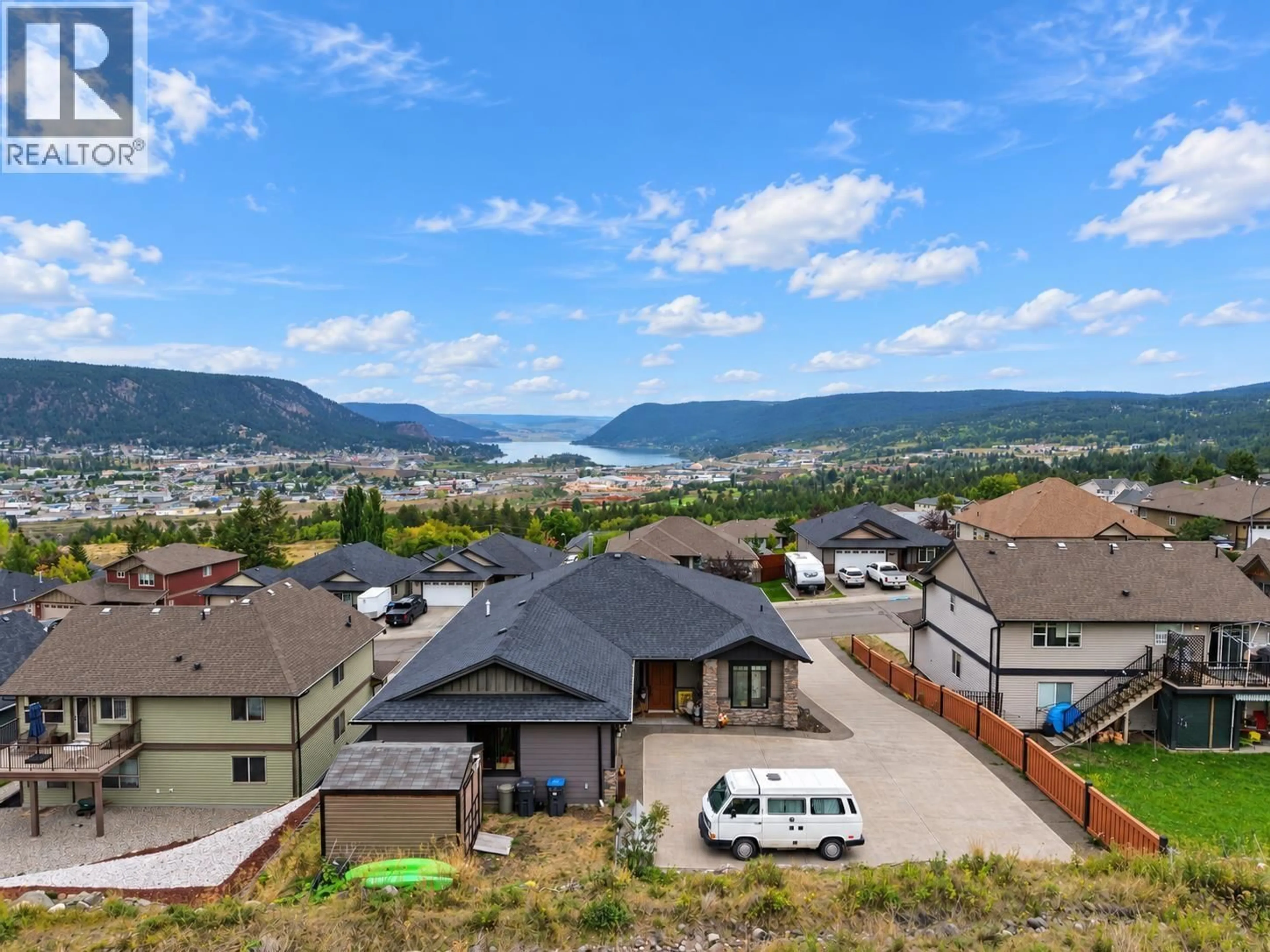 A pic from outside/outdoor area/front of a property/back of a property/a pic from drone, mountain view for 335 MANDARINO PLACE, Williams Lake British Columbia V2G5J1
