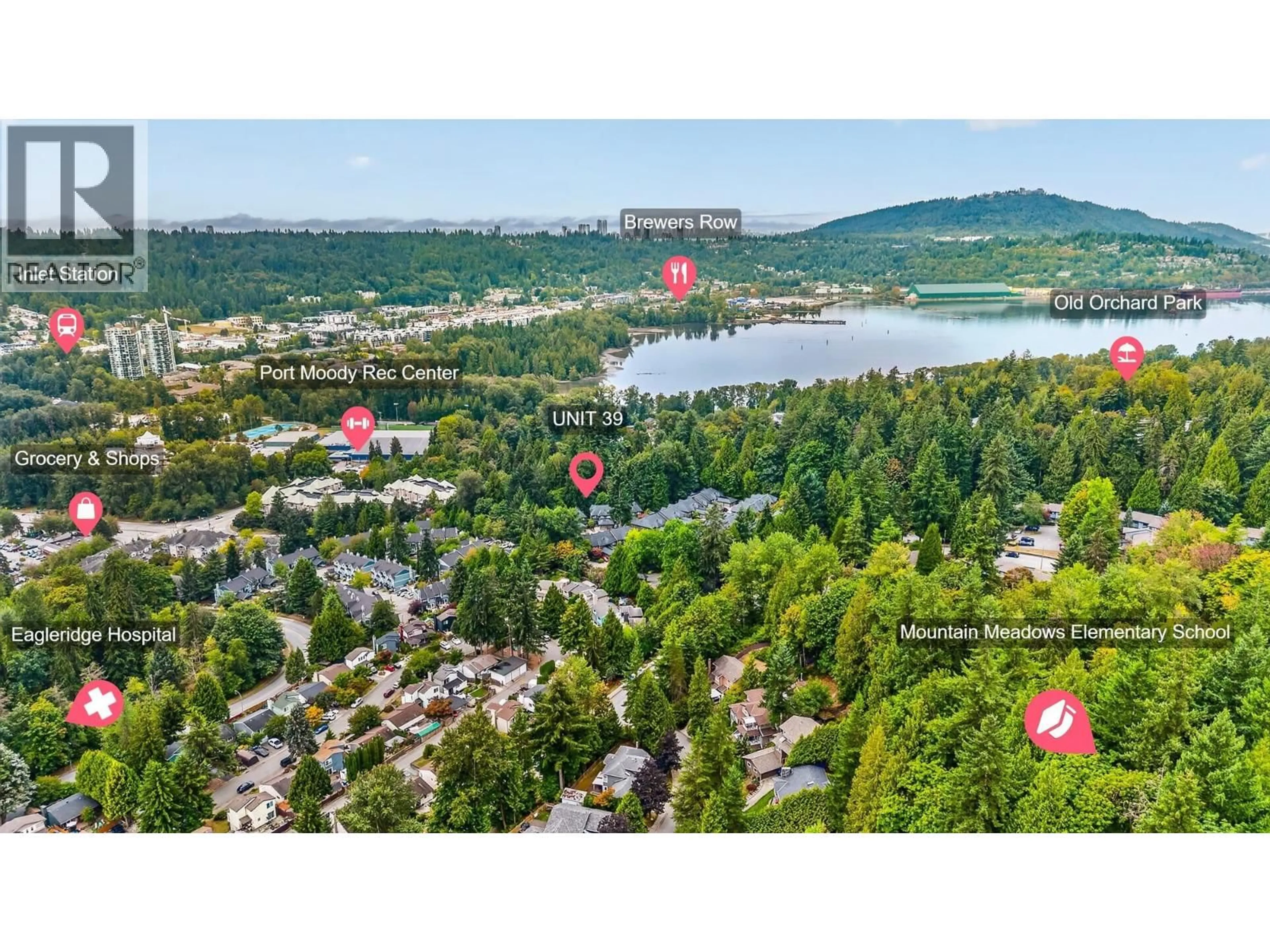 A pic from outside/outdoor area/front of a property/back of a property/a pic from drone, water/lake/river/ocean view for 39 - 795 NOONS CREEK DRIVE, Port Moody British Columbia V3H4V4