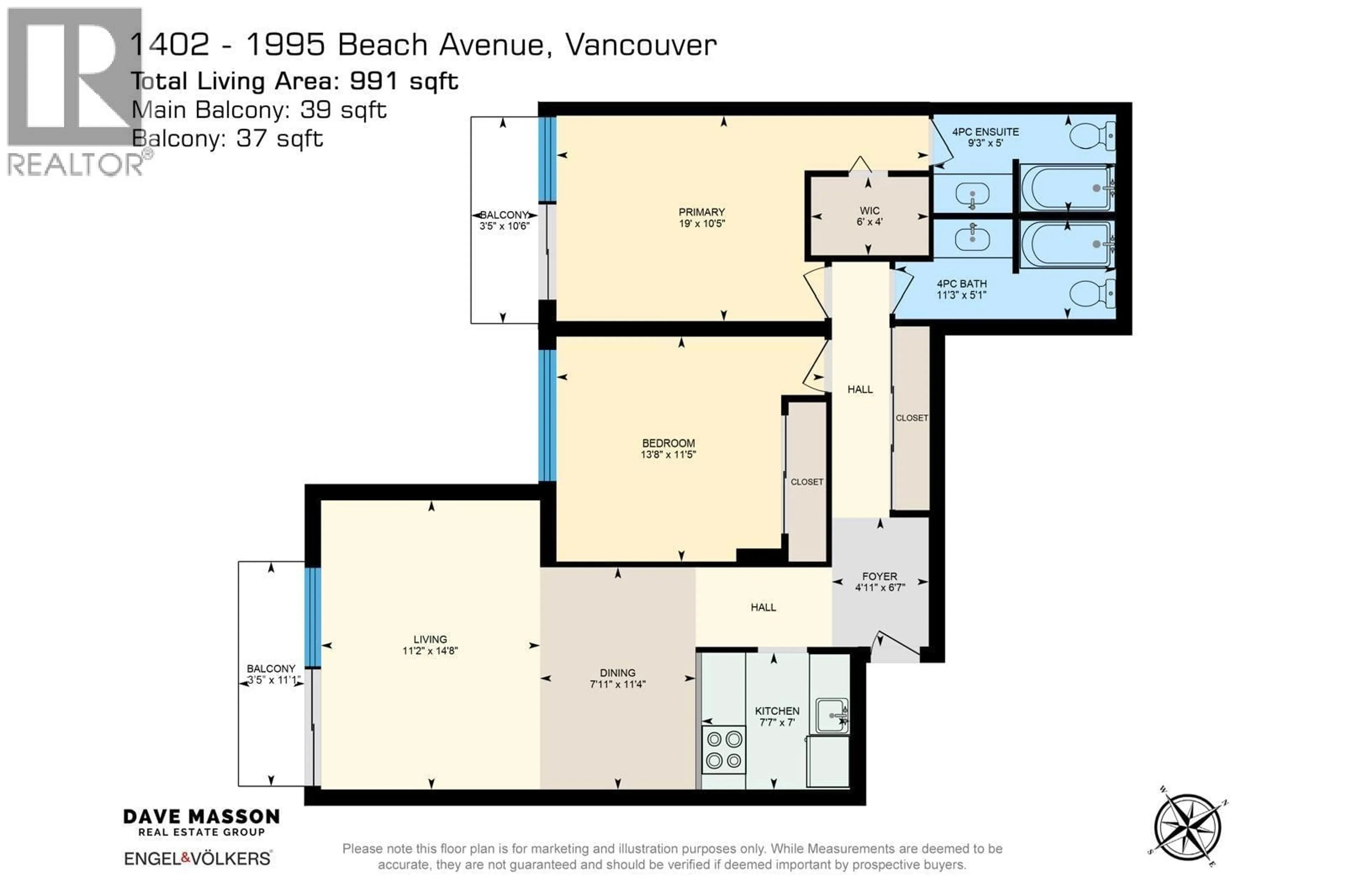 Floor plan for 1402 - 1995 BEACH AVENUE, Vancouver British Columbia V6G2Y3