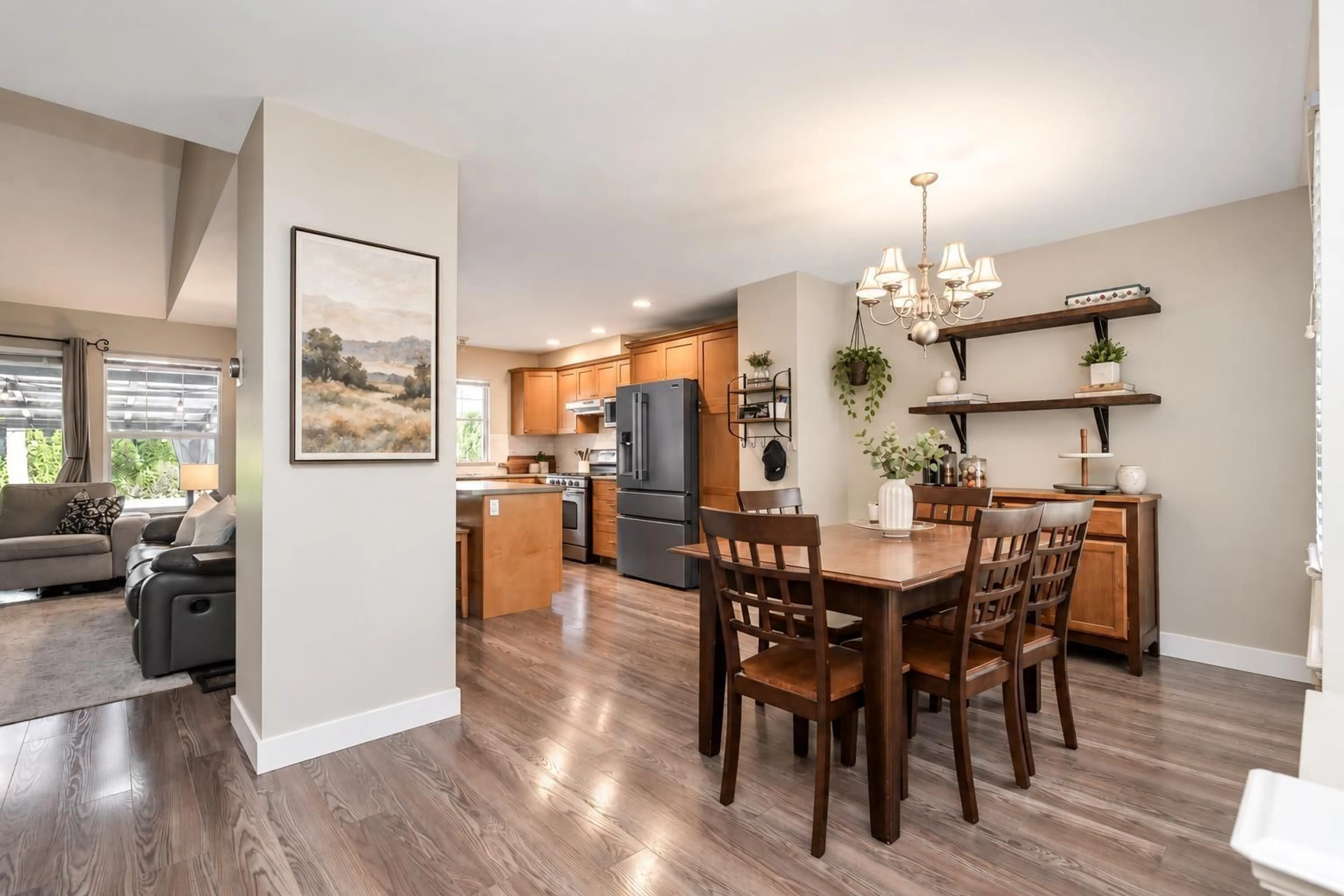 Open concept kitchen, wood/laminate floor for 68 - 17097 64 AVENUE, Surrey British Columbia V3S1Y5