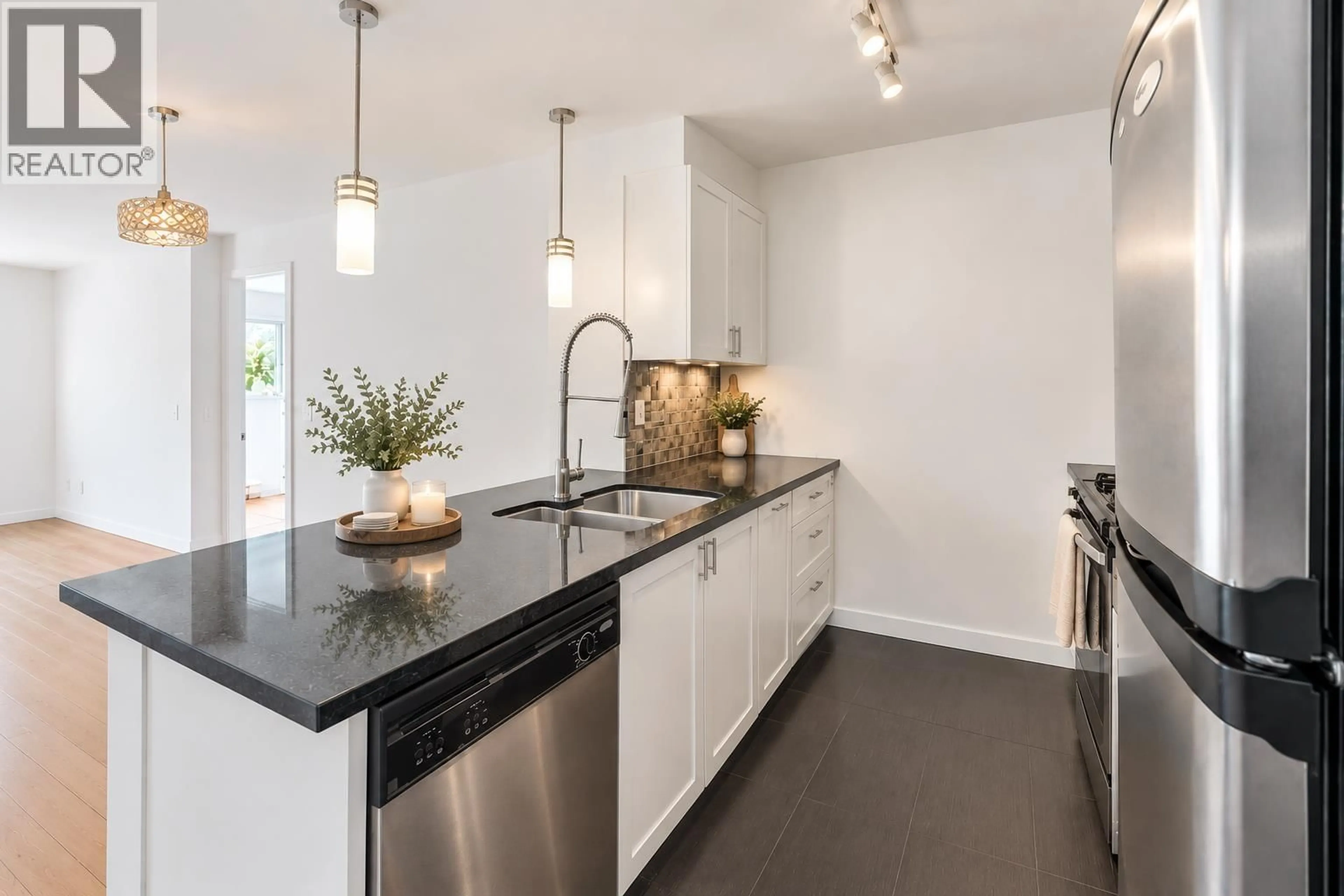 Contemporary kitchen, ceramic/tile floor for 218 - 405 SKEENA STREET, Vancouver British Columbia V5K0A3