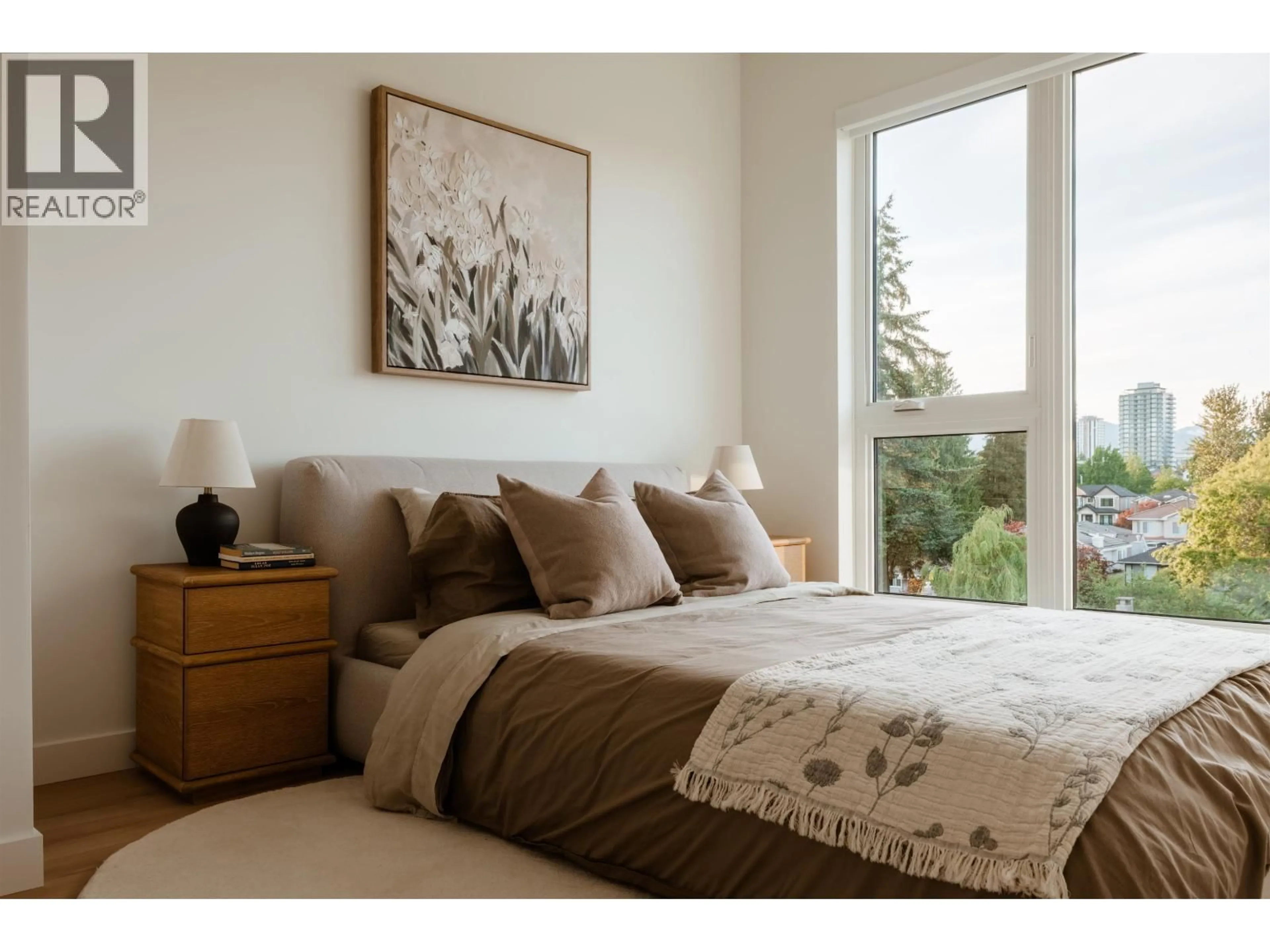 Bedroom with bed, wood/laminate floor for 301 - 133 49TH AVENUE, Vancouver British Columbia V5Z2S3