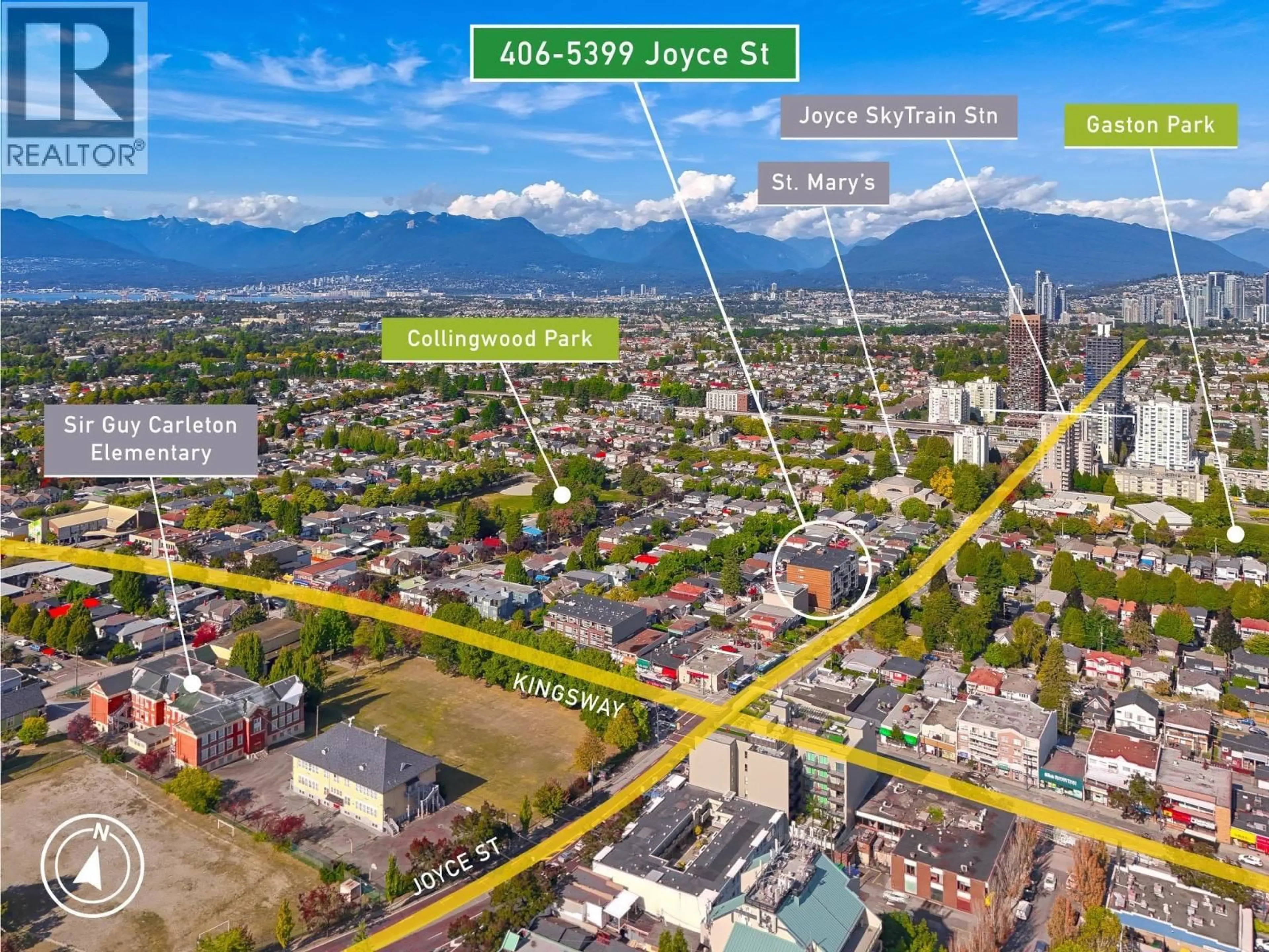 A pic from outside/outdoor area/front of a property/back of a property/a pic from drone, street for 406 - 5399 JOYCE STREET, Vancouver British Columbia V5R4H3