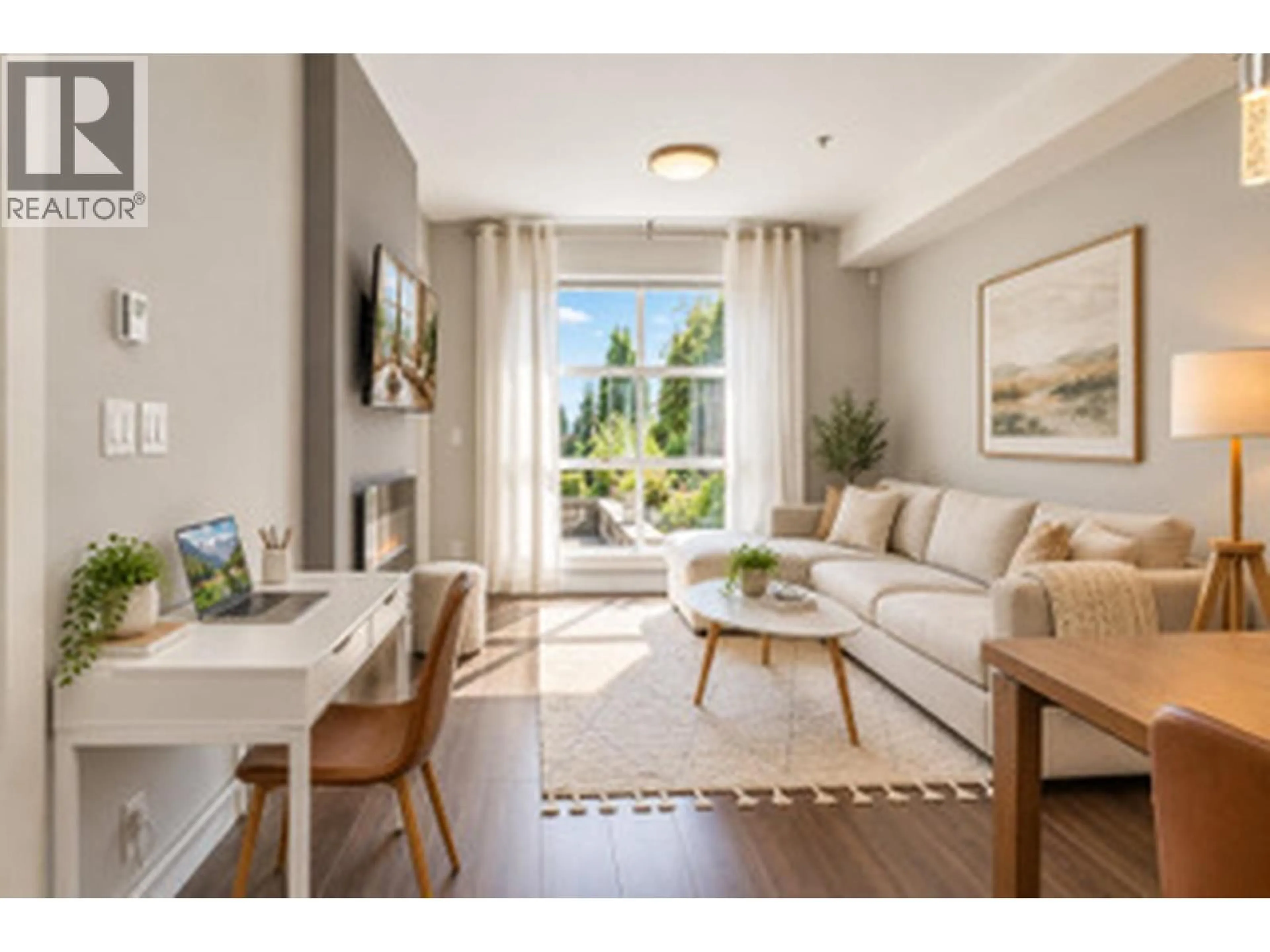 Living room with furniture, wood/laminate floor for 105 - 827 RODERICK AVENUE, Coquitlam British Columbia V3K0E3