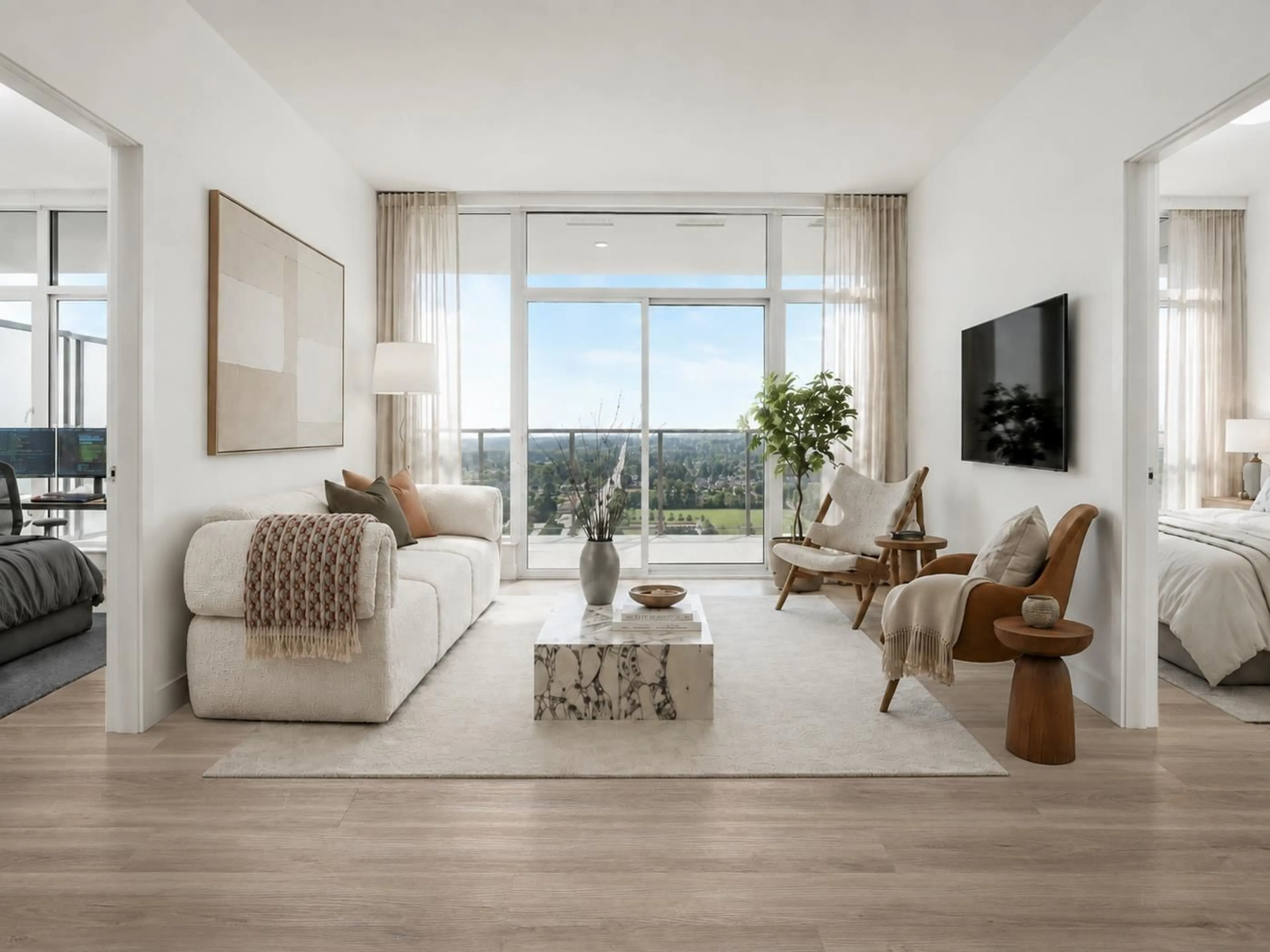 Living room with furniture, wood/laminate floor for 2801 - 9675 KING GEORGE BOULEVARD, Surrey British Columbia V3T0T7