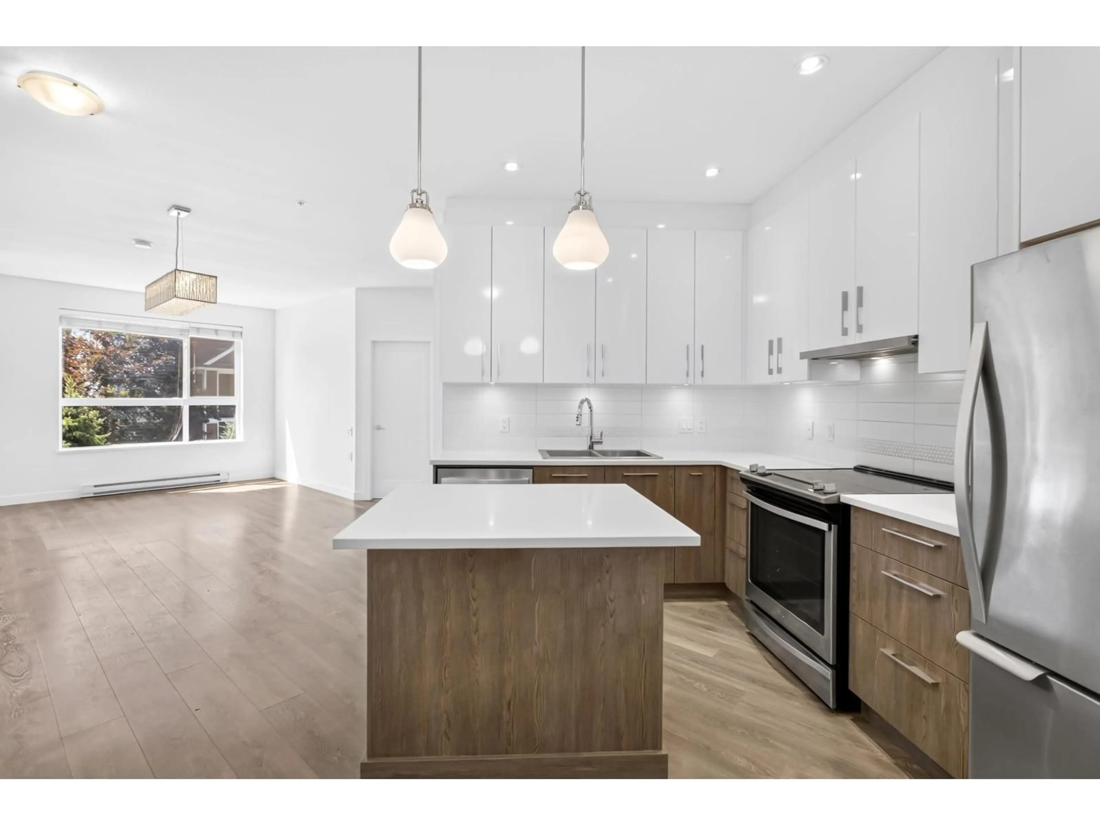 Open concept kitchen, wood/laminate floor for 218 - 20829 77A AVENUE, Langley British Columbia V2Y0Y5