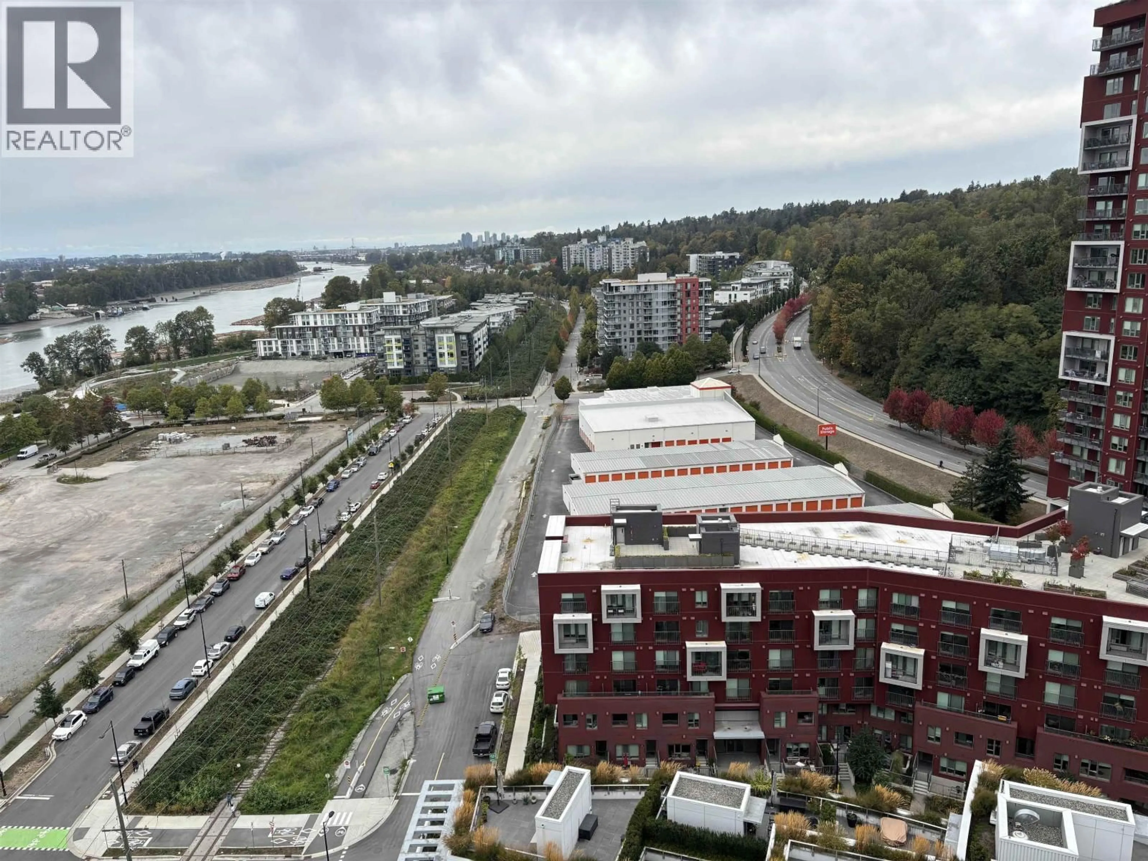 A pic from outside/outdoor area/front of a property/back of a property/a pic from drone, city buildings view from balcony for 1804 - 3438 SAWMILL CRESCENT, Vancouver British Columbia V5S0E3
