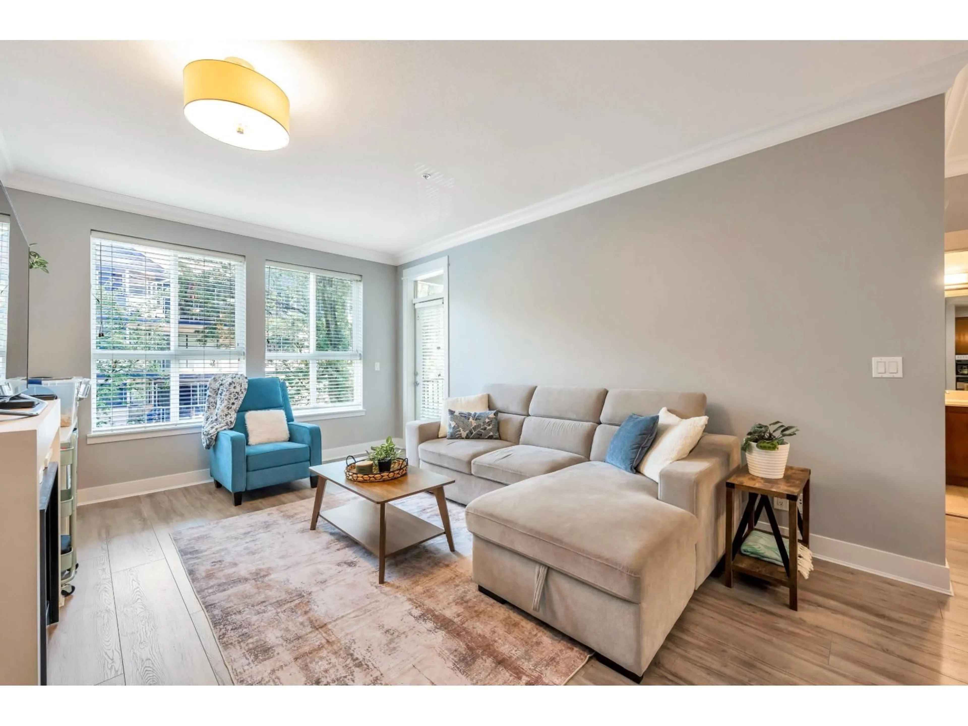 Living room with furniture, wood/laminate floor for 202 - 5430 201 STREET, Langley British Columbia V3A0A2