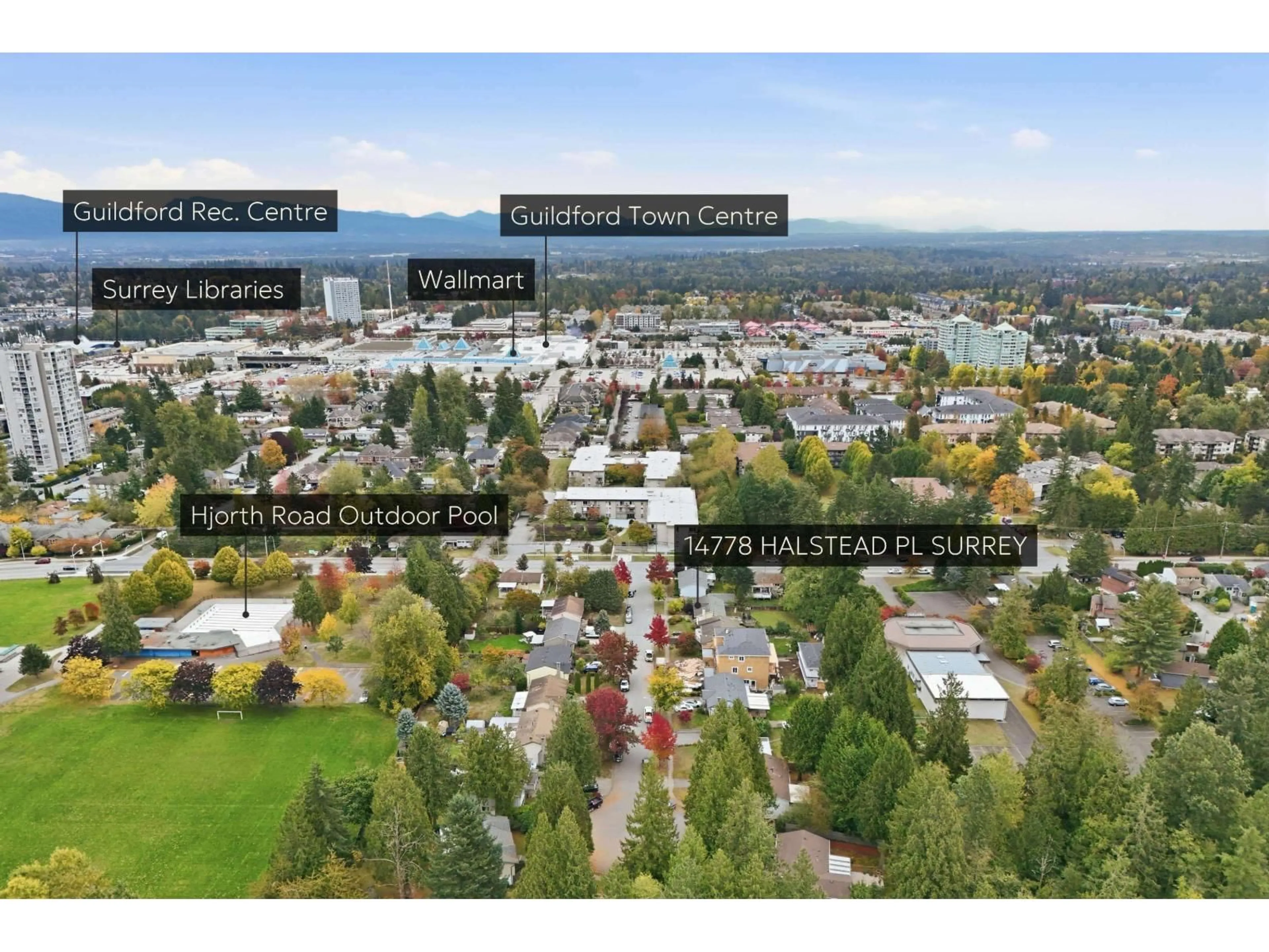 A pic from outside/outdoor area/front of a property/back of a property/a pic from drone, mountain view for 14778 HALSTEAD PLACE, Surrey British Columbia V3R6S5