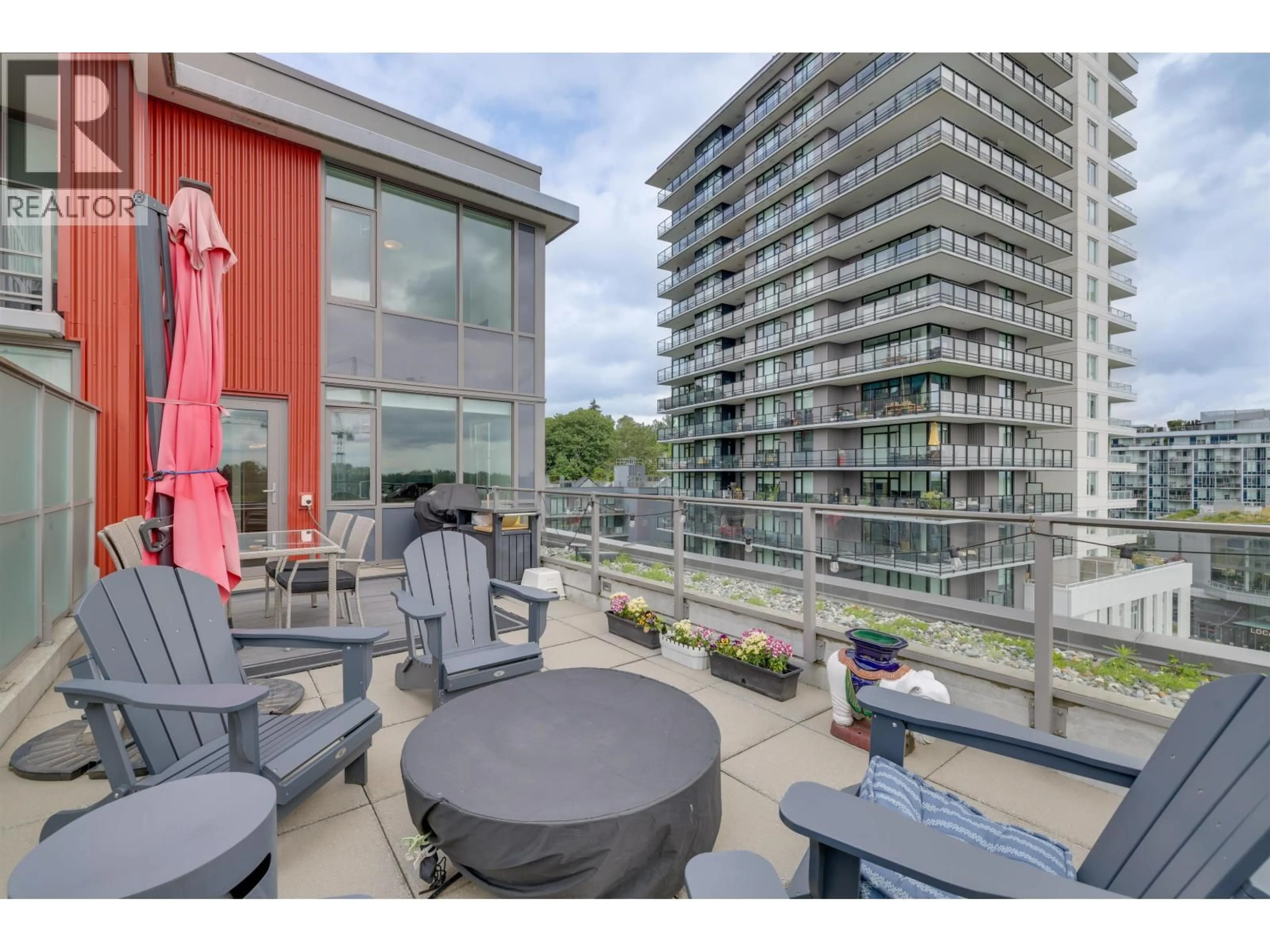 Patio, city buildings view from balcony for 702 - 3451 SAWMILL CRESCENT, Vancouver British Columbia V5S0H3
