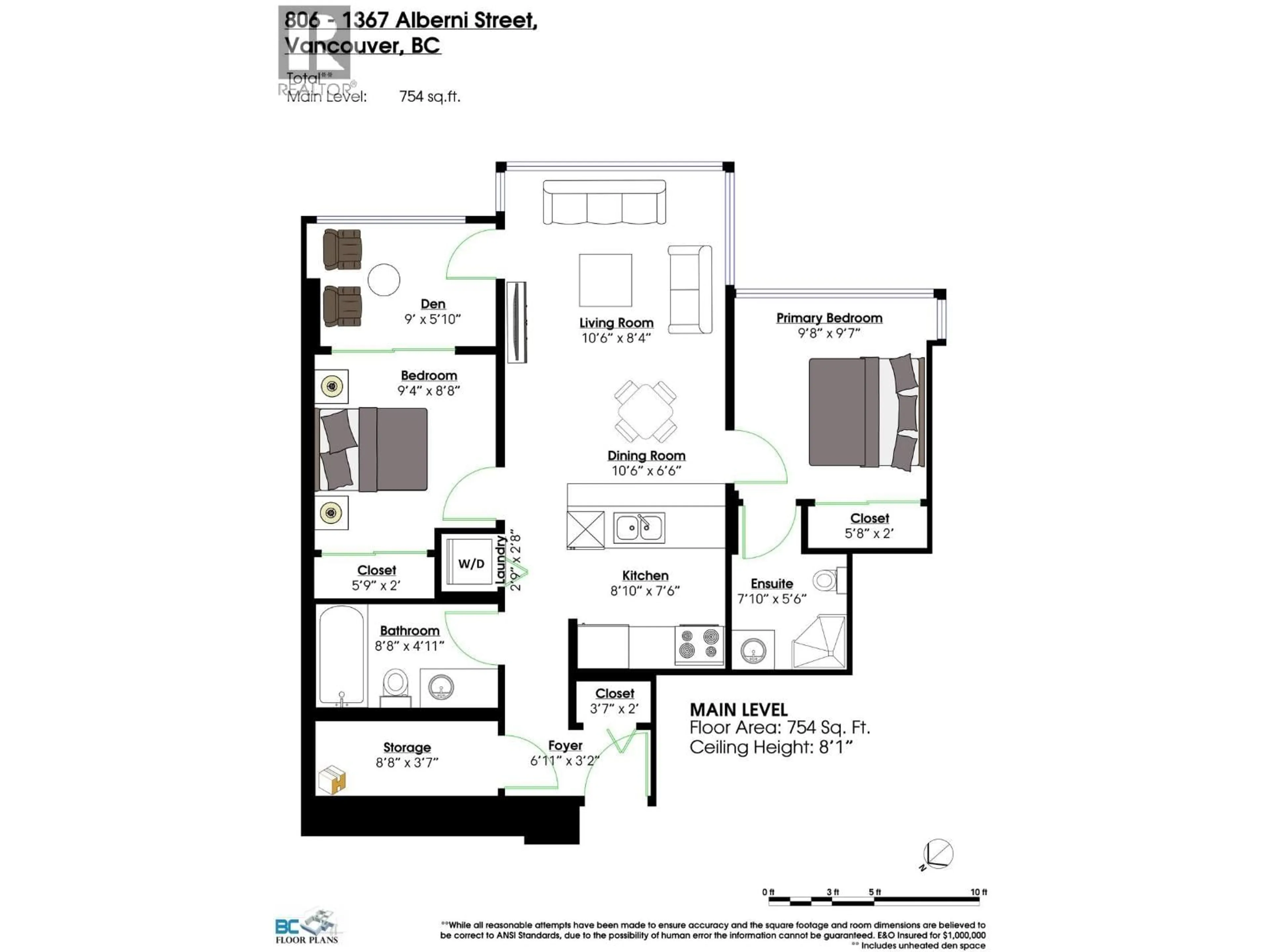 Floor plan for 806 - 1367 ALBERNI STREET, Vancouver British Columbia V6E4R9