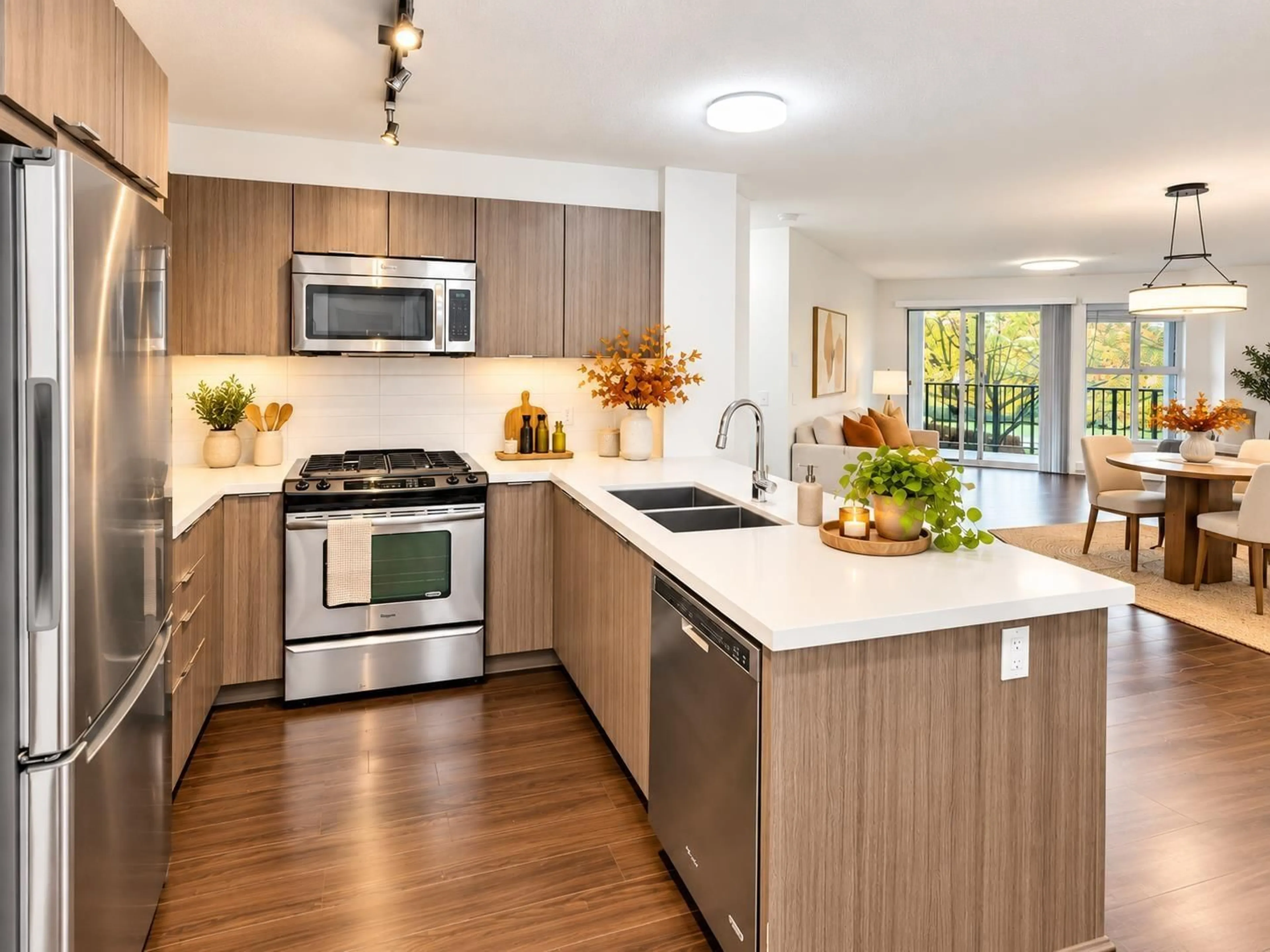 Open concept kitchen, wood/laminate floor for 215 - 3323 151 STREET, Surrey British Columbia V3Z0L3