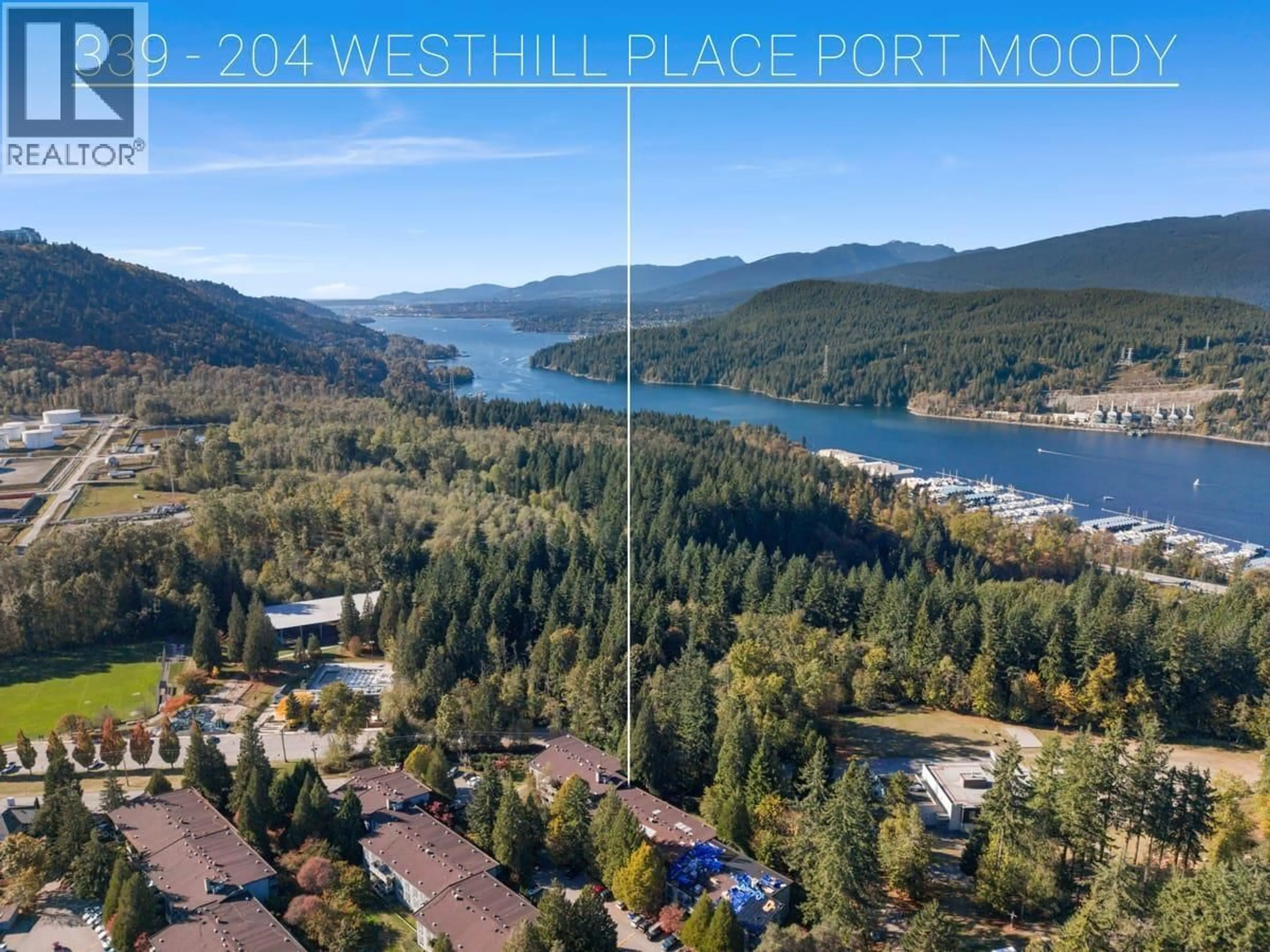 A pic from outside/outdoor area/front of a property/back of a property/a pic from drone, water/lake/river/ocean view for 339 - 204 WESTHILL PLACE, Port Moody British Columbia V3H1V2