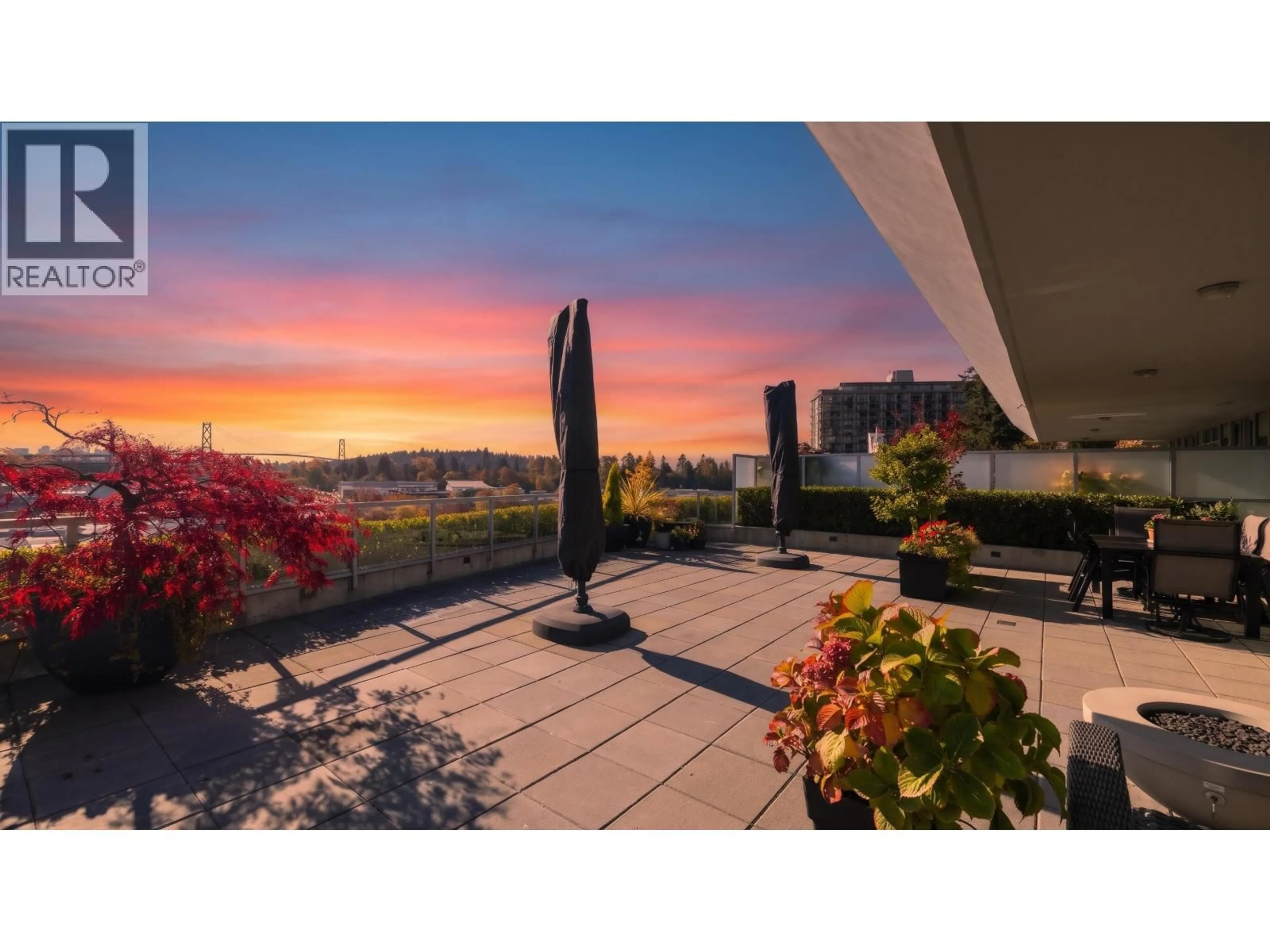 Patio, city buildings view from balcony for 502 - 866 ARTHUR ERICKSON PLACE, West Vancouver British Columbia V7T0B2