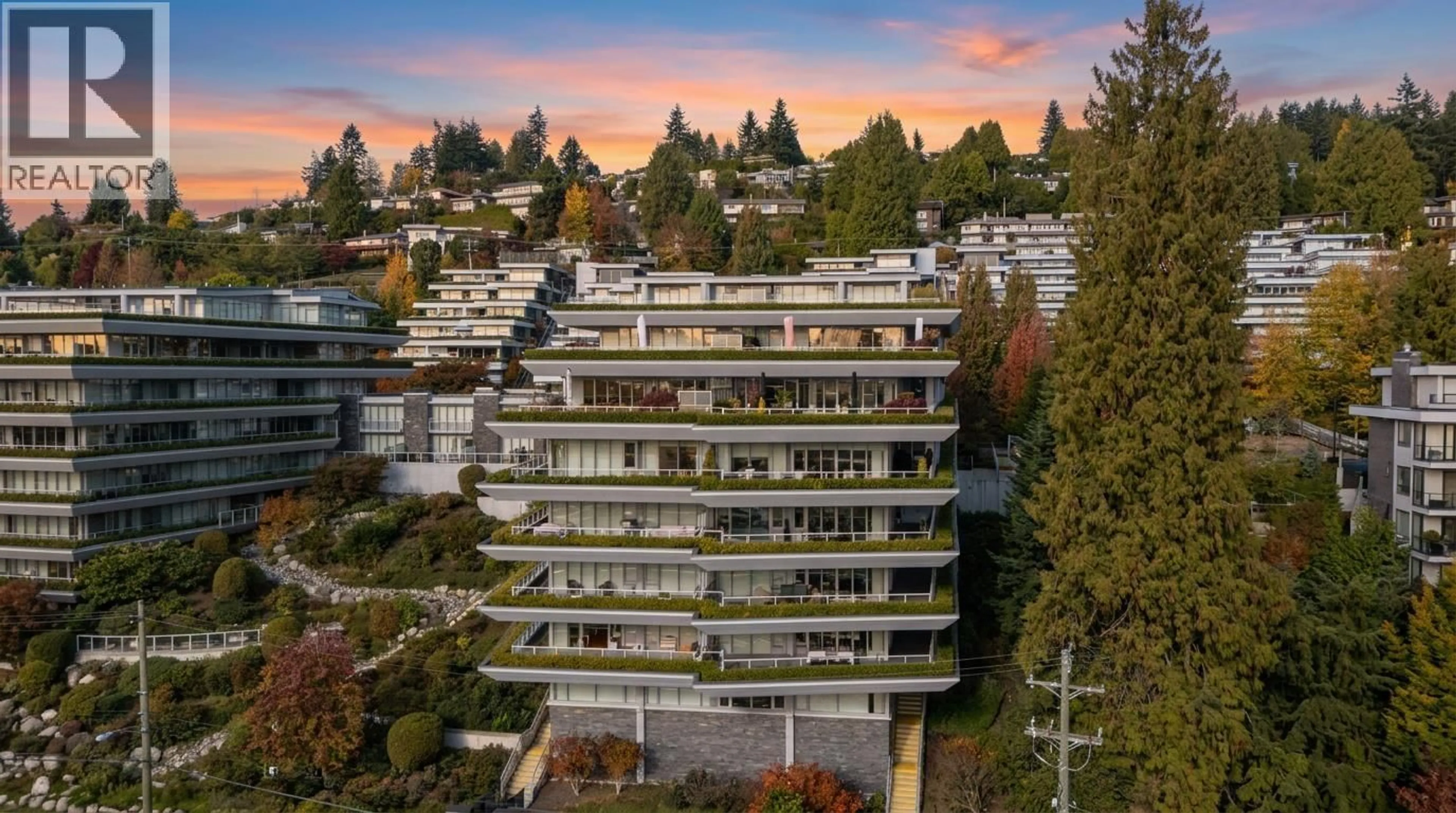 A pic from outside/outdoor area/front of a property/back of a property/a pic from drone, city buildings view from balcony for 502 - 866 ARTHUR ERICKSON PLACE, West Vancouver British Columbia V7T0B2