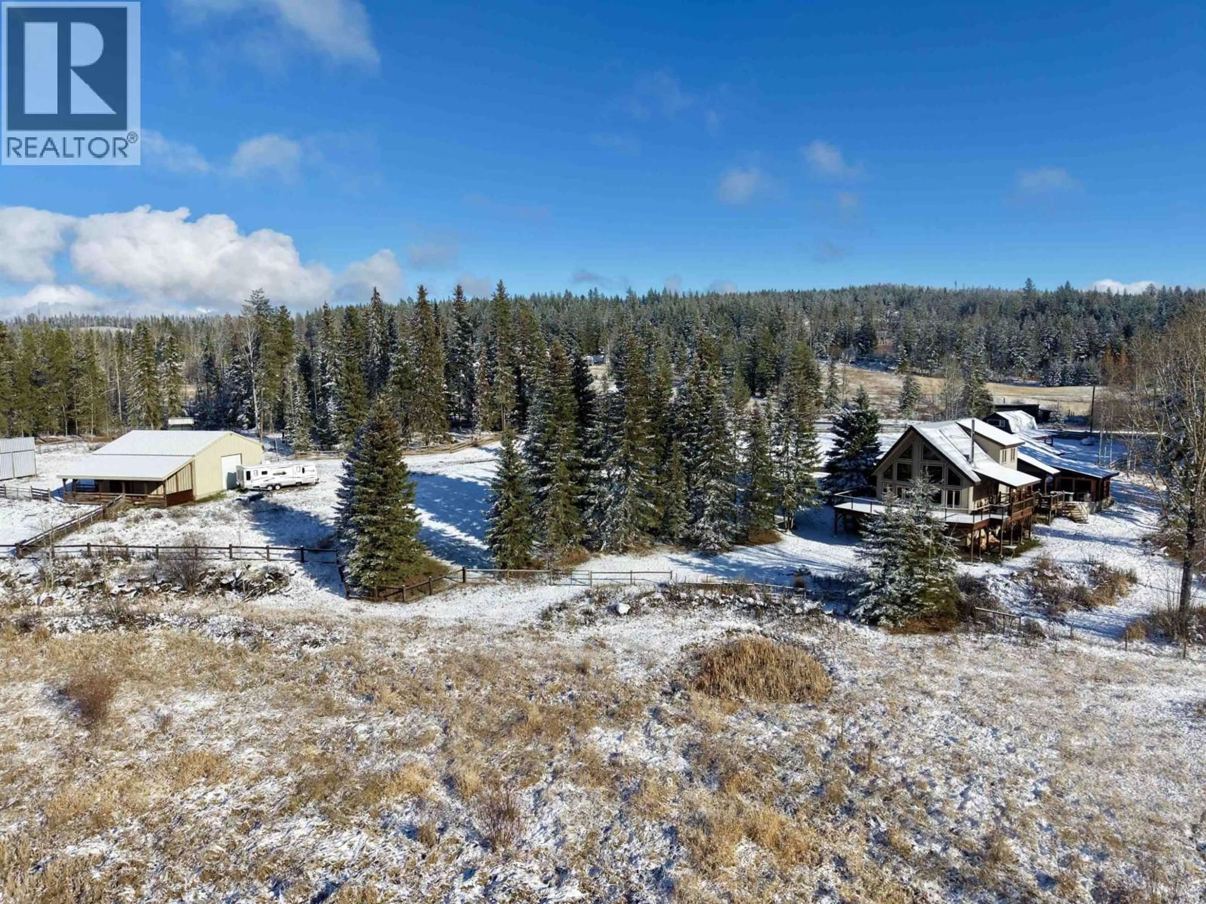 A pic from outside/outdoor area/front of a property/back of a property/a pic from drone, forest/trees view for 3722 SPOKIN LAKE ROAD, 150 Mile House British Columbia V0K2G0