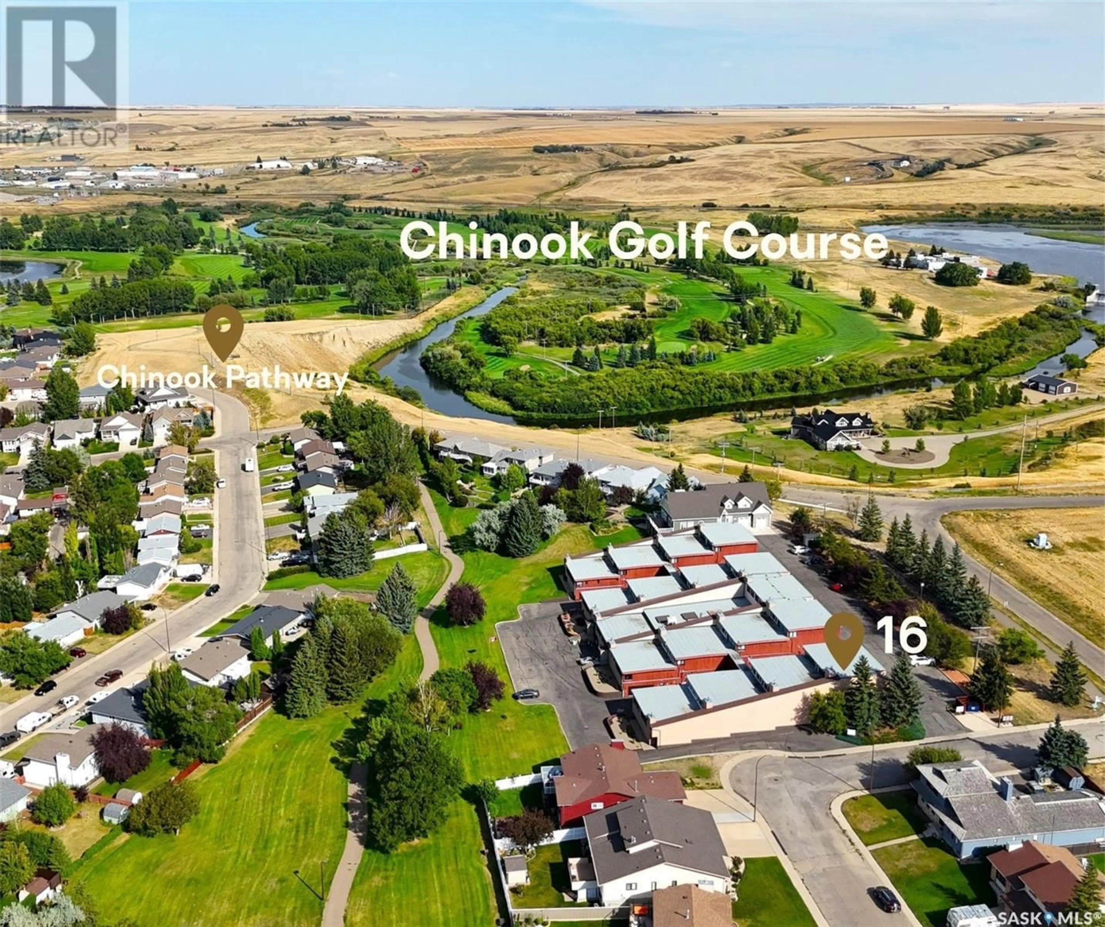 A pic from outside/outdoor area/front of a property/back of a property/a pic from drone, water/lake/river/ocean view for 16 275 ALPINE CRESCENT, Swift Current Saskatchewan S9H4Y8