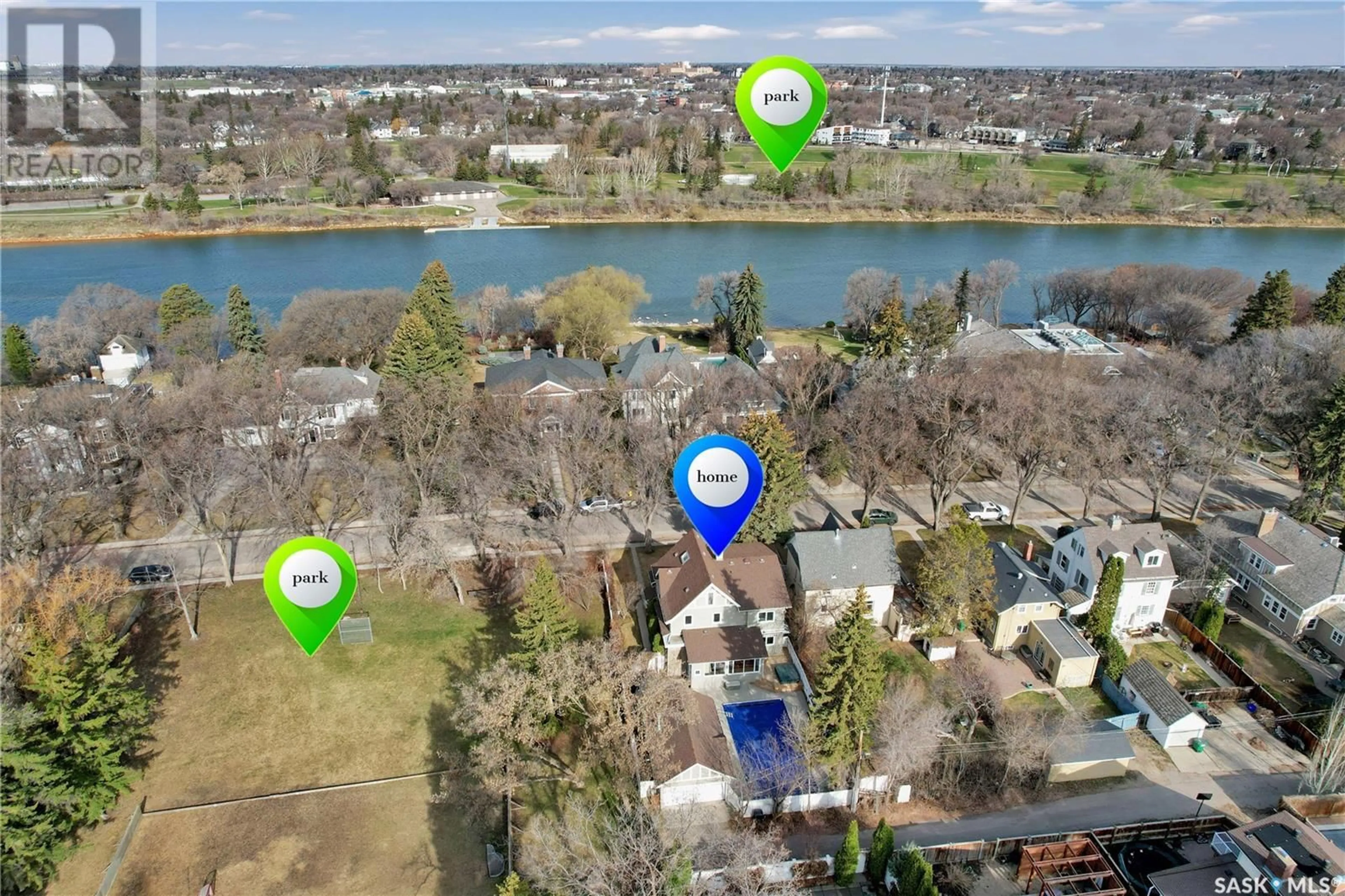 A pic from outside/outdoor area/front of a property/back of a property/a pic from drone, water/lake/river/ocean view for 222 SASKATCHEWAN CRESCENT, Saskatoon Saskatchewan S7M0A4