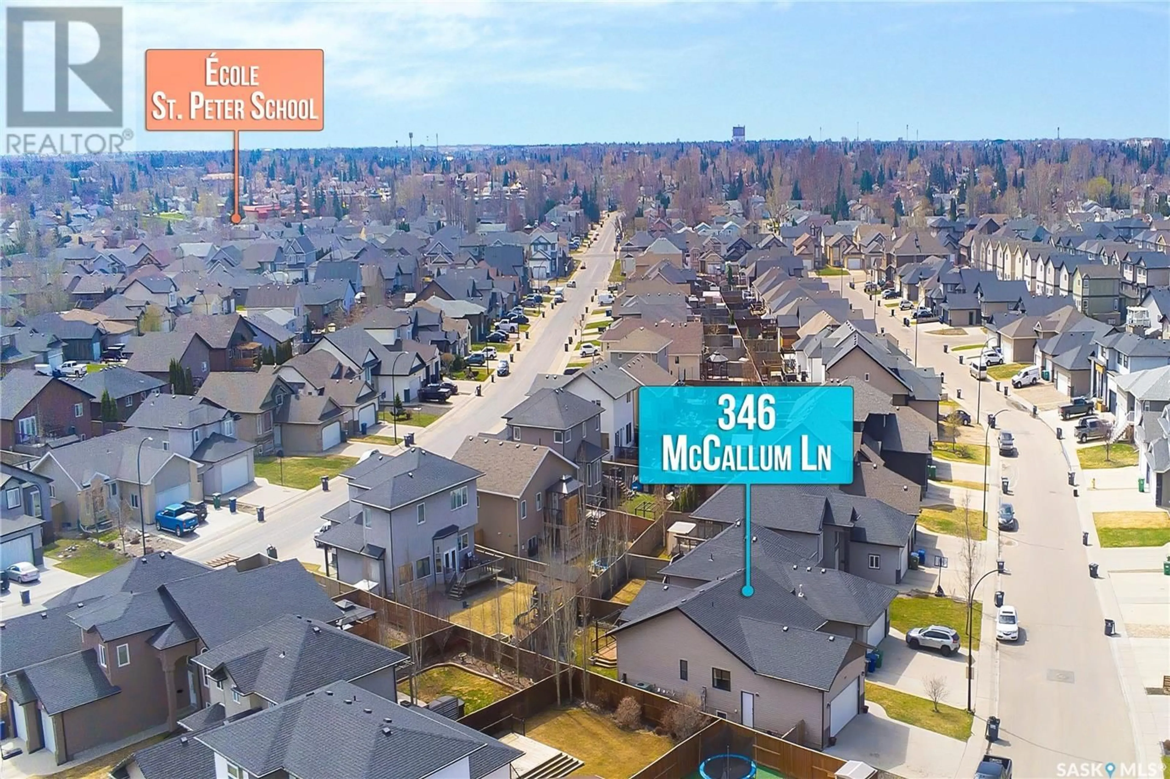 A pic from outside/outdoor area/front of a property/back of a property/a pic from drone, mountain view for 346 MCCALLUM LANE, Saskatoon Saskatchewan S7R0C3