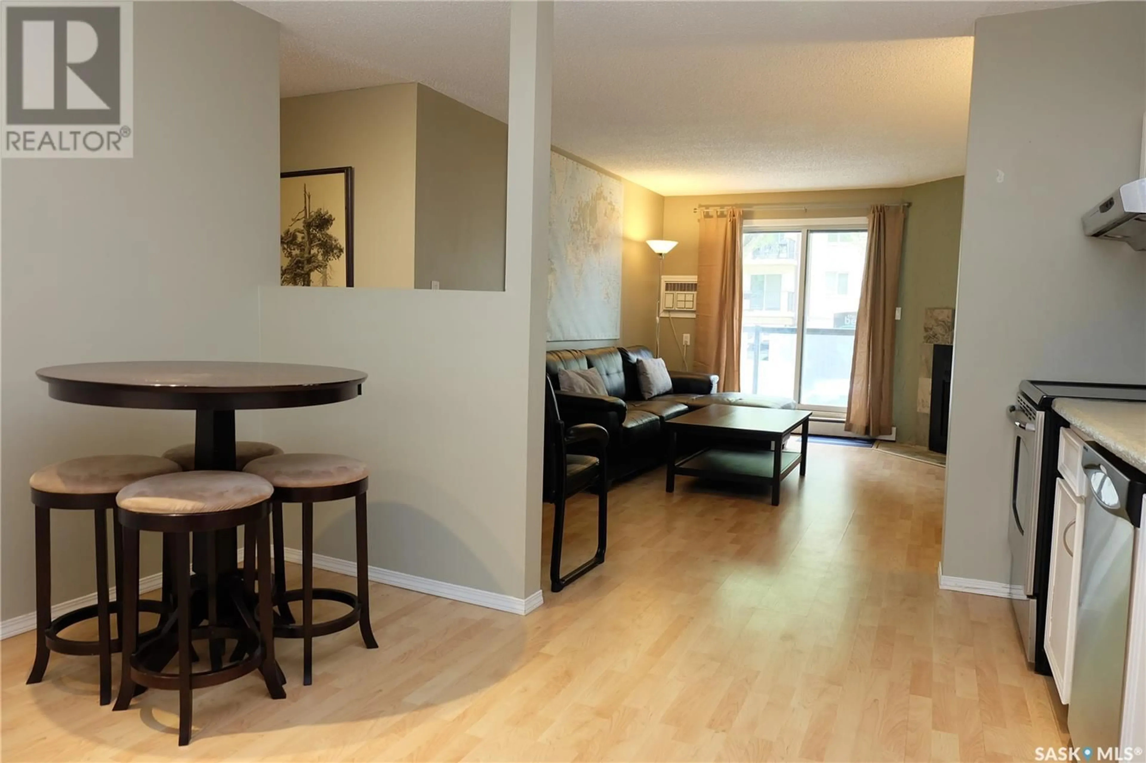 Living room with furniture, wood/laminate floor for 203 - 536 4TH AVENUE, Saskatoon Saskatchewan S7K2M7