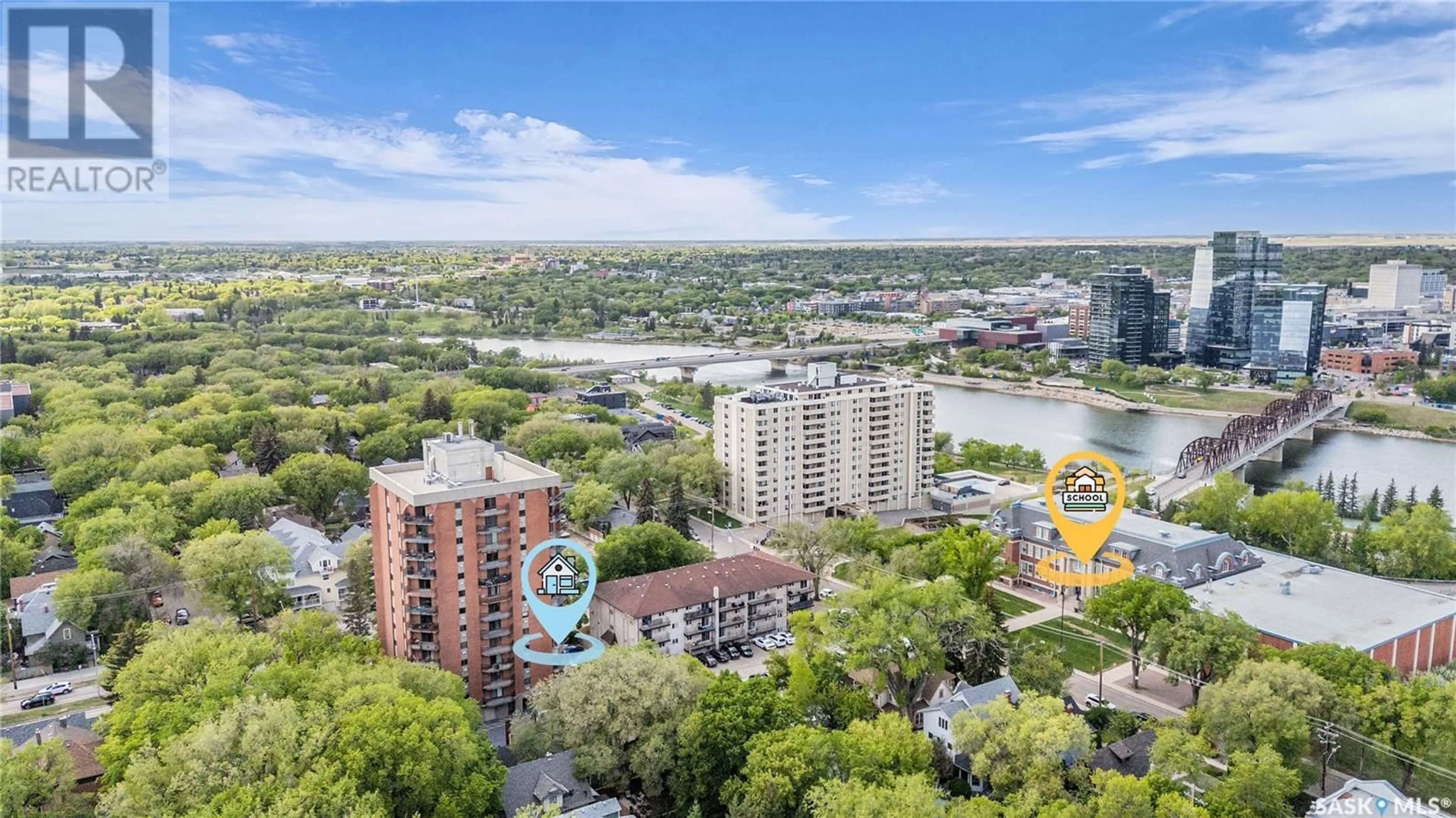 A pic from outside/outdoor area/front of a property/back of a property/a pic from drone, water/lake/river/ocean view for 717 - 204 VICTORIA AVENUE, Saskatoon Saskatchewan S7N2T5
