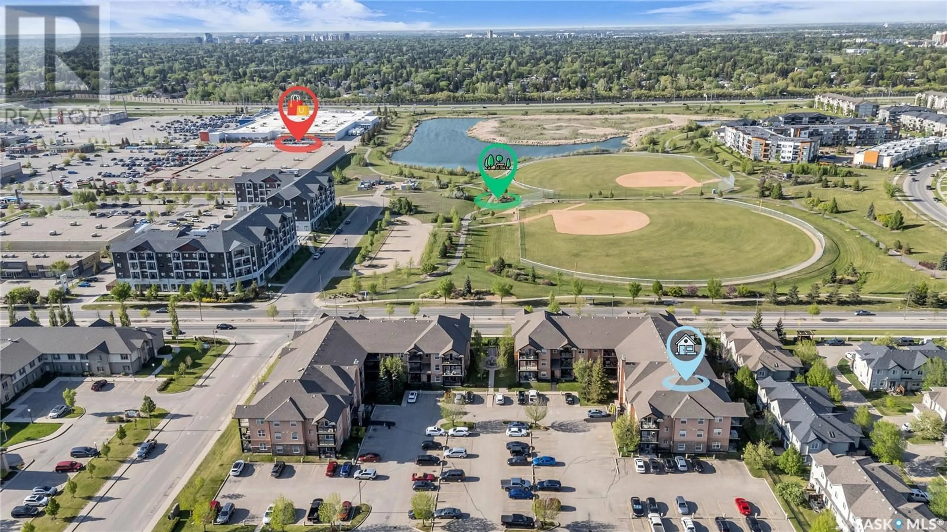 A pic from outside/outdoor area/front of a property/back of a property/a pic from drone, water/lake/river/ocean view for B212 - 103 WELLMAN CRESCENT, Saskatoon Saskatchewan S7T0C1