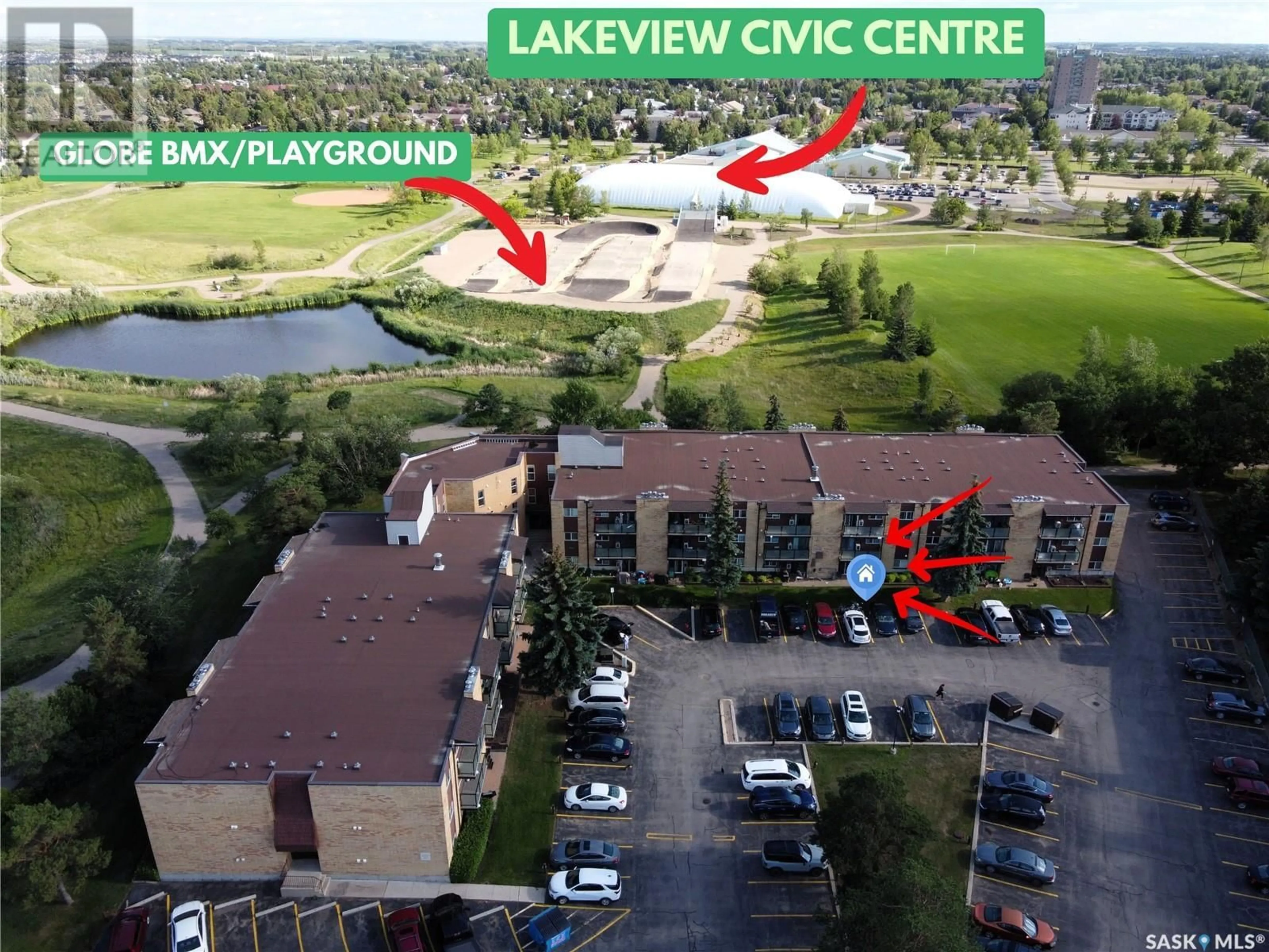 A pic from outside/outdoor area/front of a property/back of a property/a pic from drone, water/lake/river/ocean view for 107 423 TAIT COURT, Saskatoon Saskatchewan S7H5L3